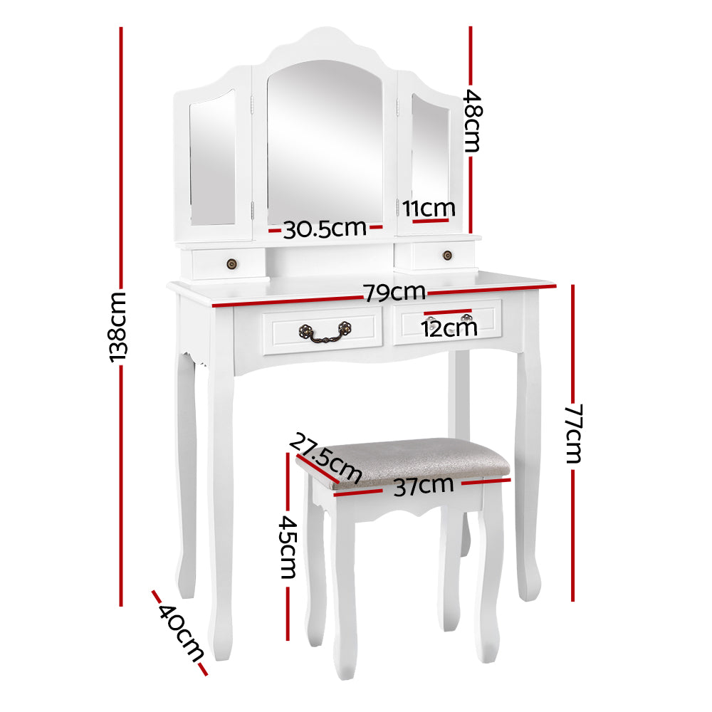 Artiss Dressing Table Stool Set Foldable Mirror White DRESS-C-3MIR-4D-WH
