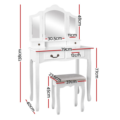 Artiss Dressing Table Stool Set Foldable Mirror White DRESS-C-3MIR-4D-WH
