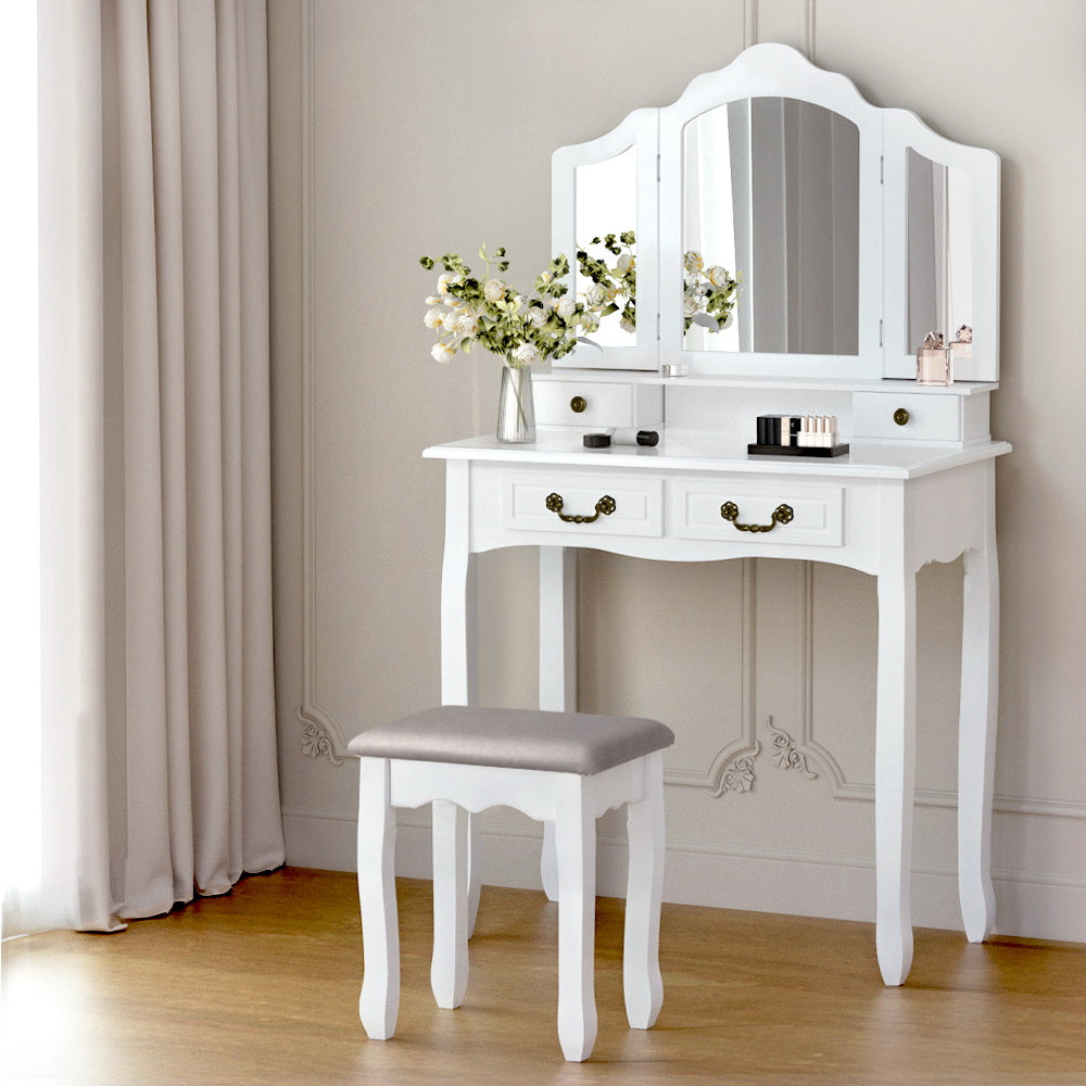 Artiss Dressing Table Stool Set Foldable Mirror White DRESS-C-3MIR-4D-WH