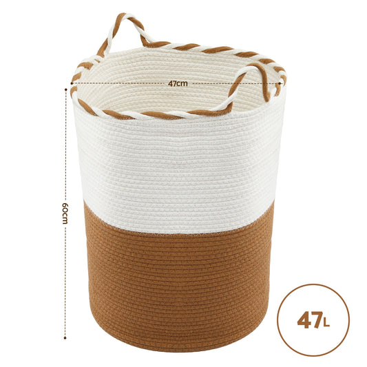 Artiss Woven Laundry Basket with handles Foldable White & Brown DRESS-D-BATH-BRWH