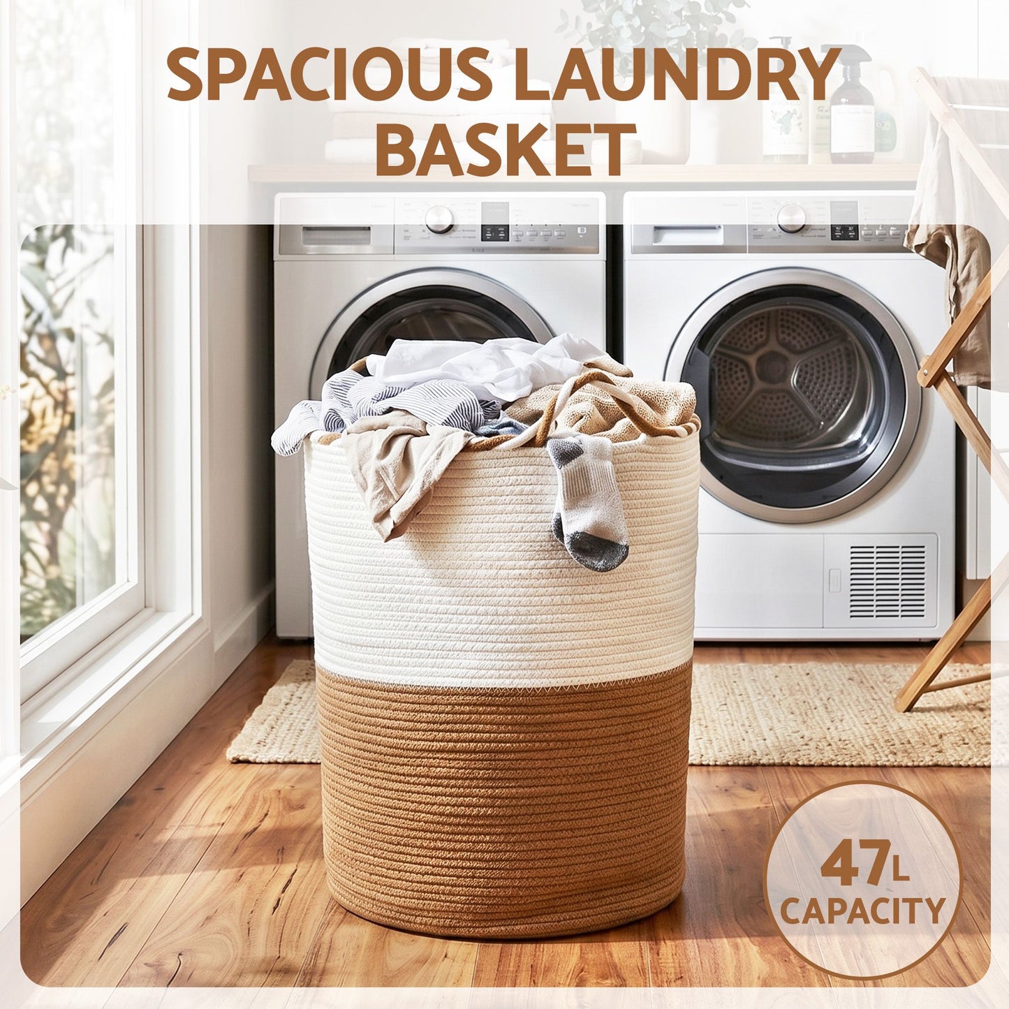 Artiss Woven Laundry Basket with handles Foldable White & Brown DRESS-D-BATH-BRWH
