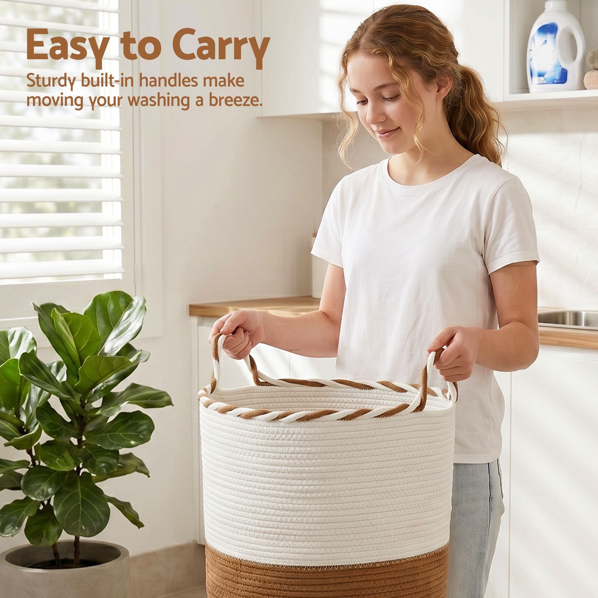 Artiss Woven Laundry Basket with handles Foldable White & Brown DRESS-D-BATH-BRWH