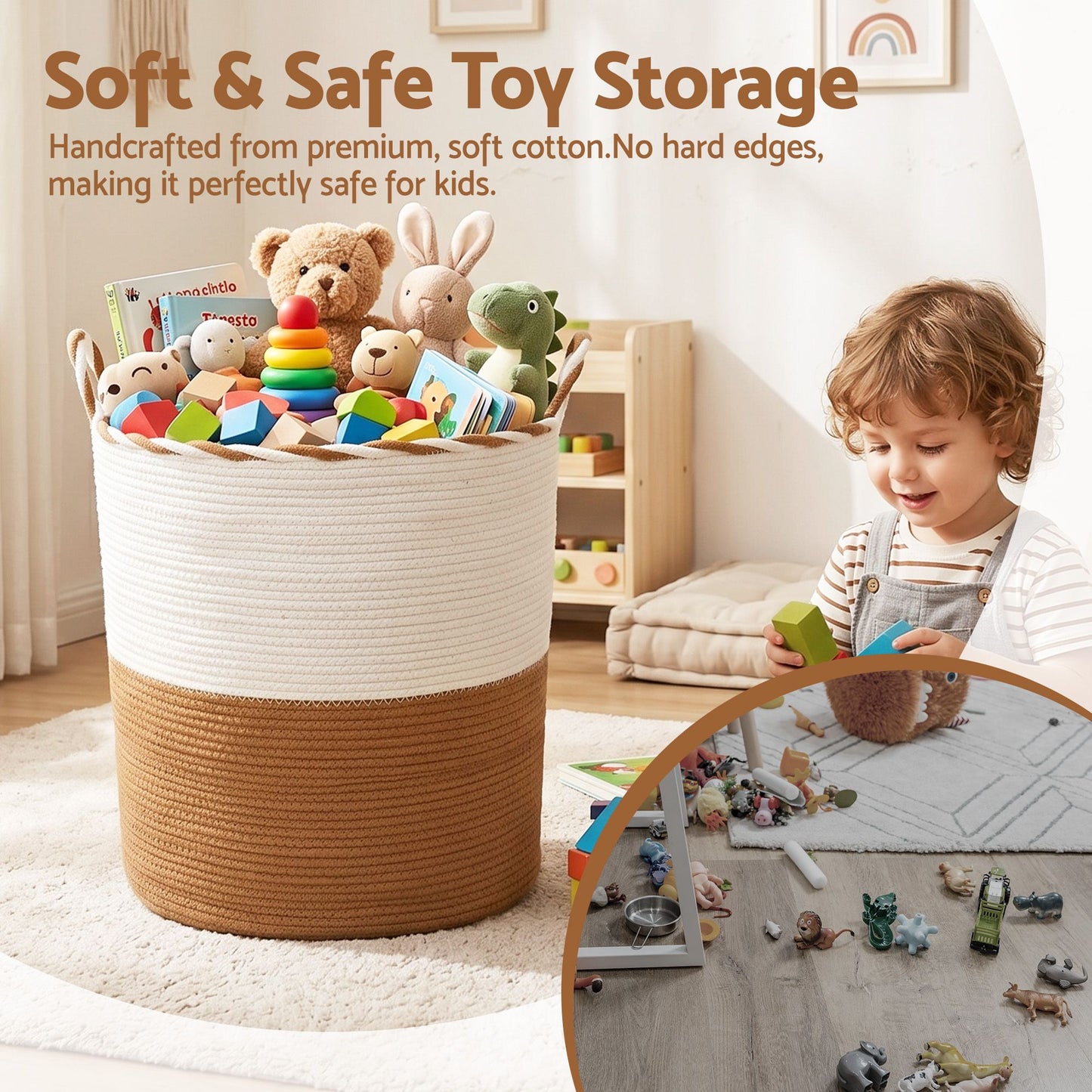 Artiss Woven Laundry Basket with handles Foldable White & Brown DRESS-D-BATH-BRWH