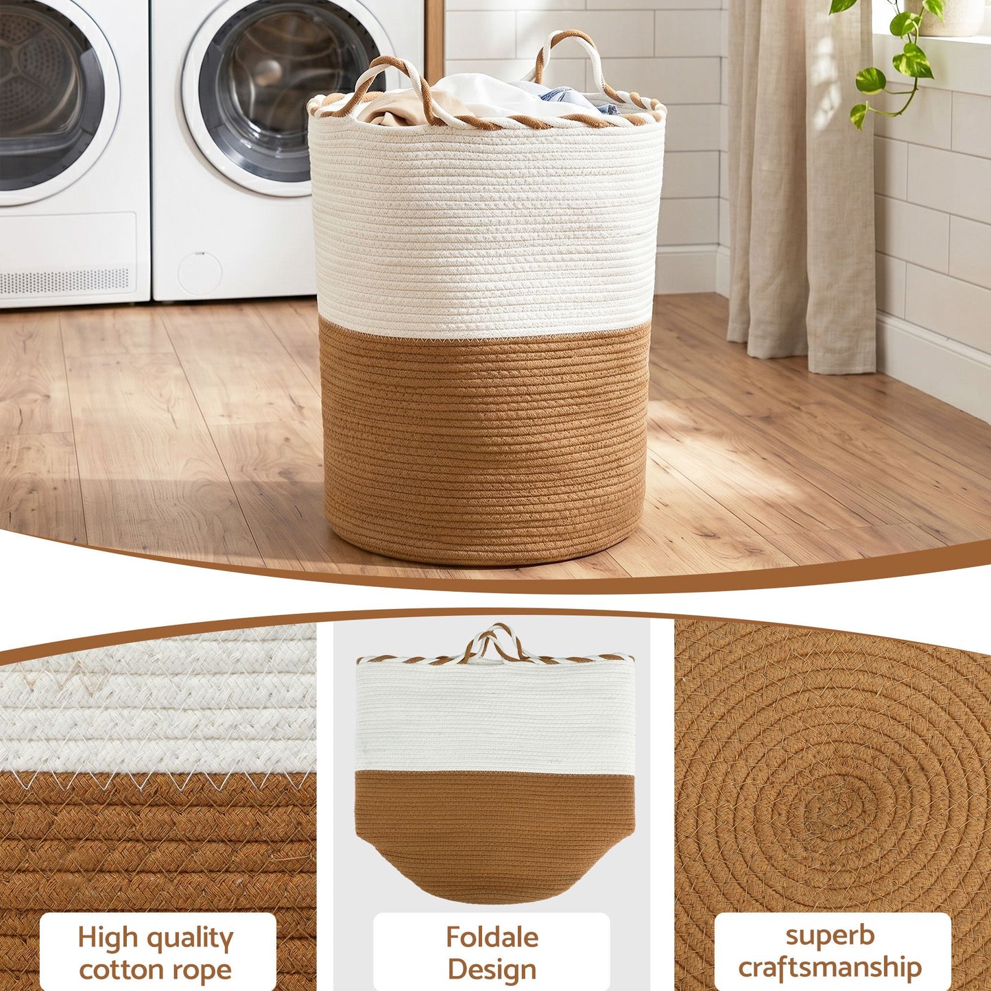 Artiss Woven Laundry Basket with handles Foldable White & Brown DRESS-D-BATH-BRWH
