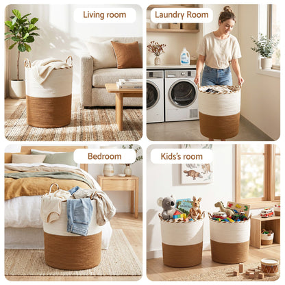 Artiss Woven Laundry Basket with handles Foldable White & Brown DRESS-D-BATH-BRWH