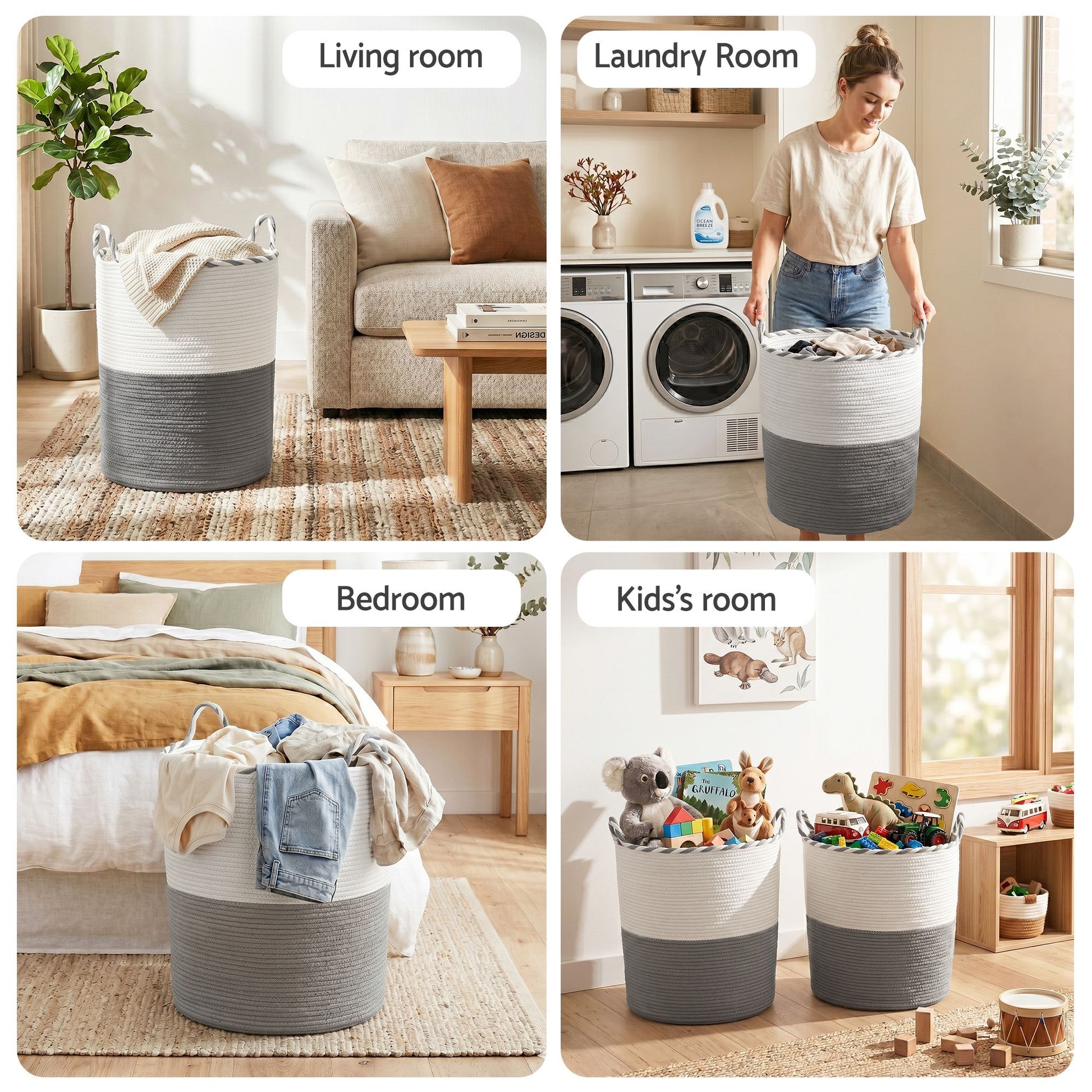 Artiss Woven Laundry Basket with handles Foldable White & Grey DRESS-D-BATH-GYWH
