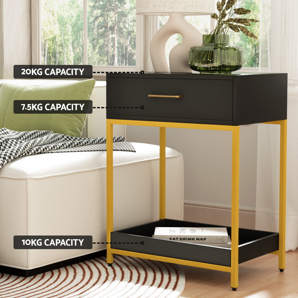 Artiss Bedside Table Drawers Side Table Shelf Storage Nightstand Black MASON DRESS-D-BS-1D1S-BK
