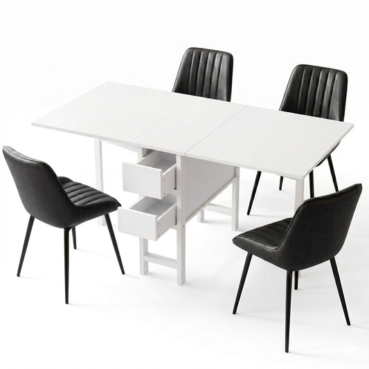 Artiss Dining Table and Chairs Set 5pcs Foldable Kitchen Furniture with 2 Drawers Black and White DSET-CHANGE-DIN-2602-BKX4