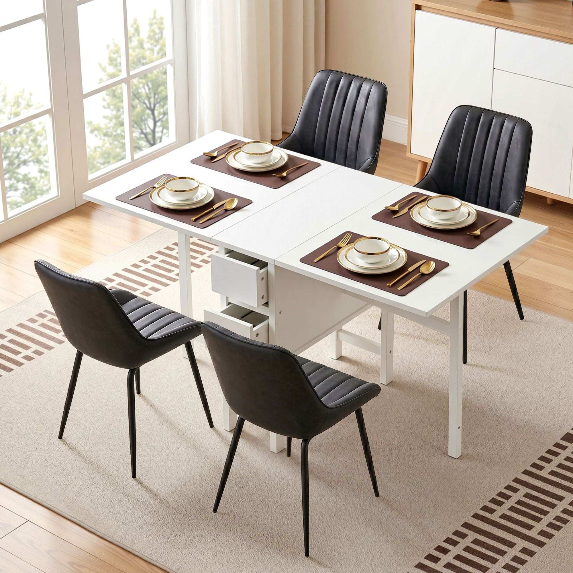 Artiss Dining Table and Chairs Set 5pcs Foldable Kitchen Furniture with 2 Drawers Black and White DSET-CHANGE-DIN-2602-BKX4