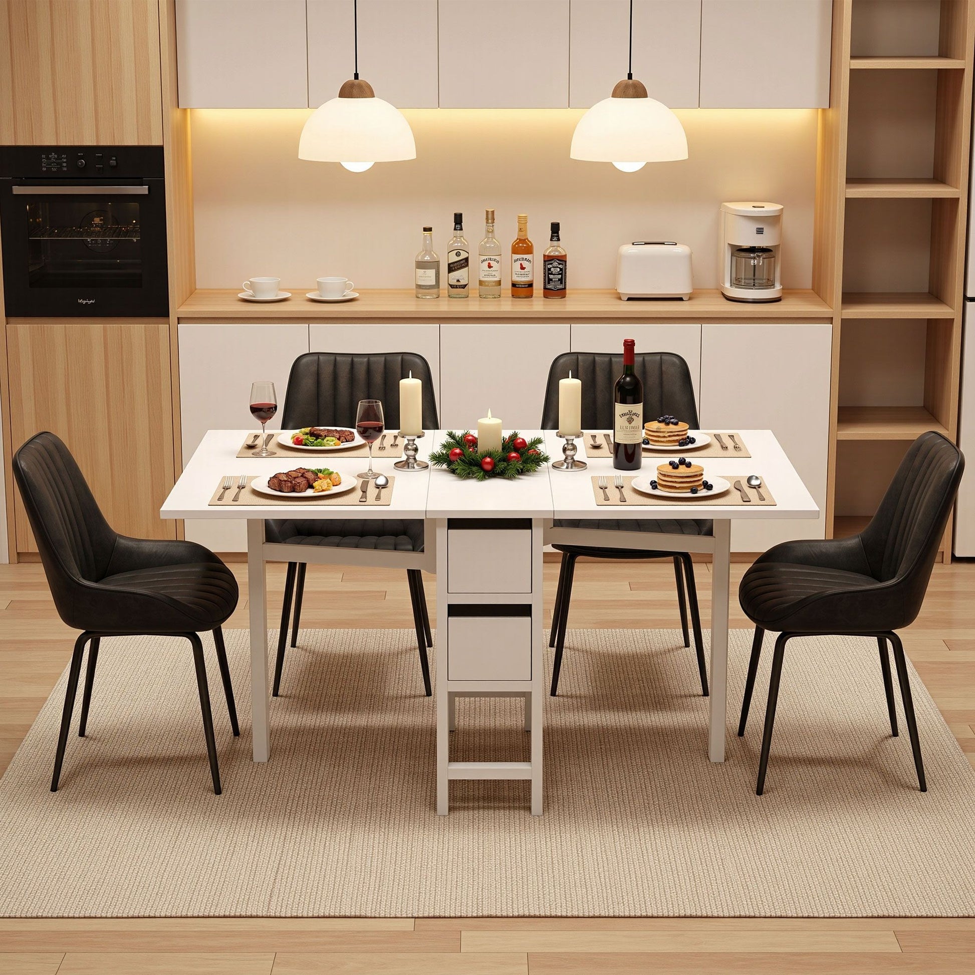 Artiss Dining Table and Chairs Set 5pcs Foldable Kitchen Furniture with 2 Drawers Black and White DSET-CHANGE-DIN-2602-BKX4