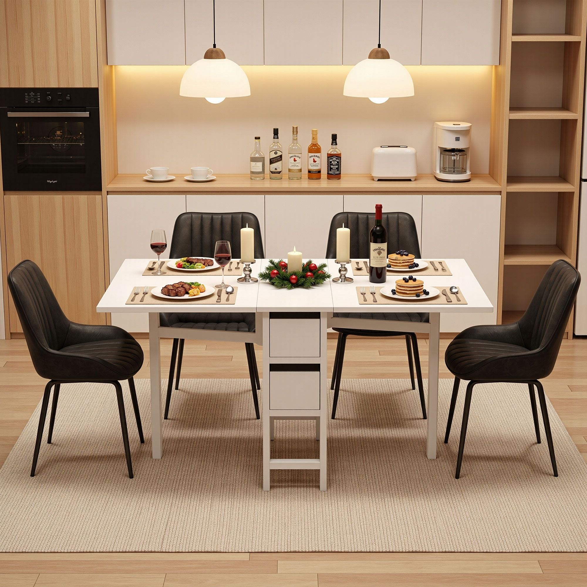 Artiss Dining Table and Chairs Set 5pcs Foldable Kitchen Furniture with 2 Drawers Black and White DSET-CHANGE-DIN-2602-BKX4