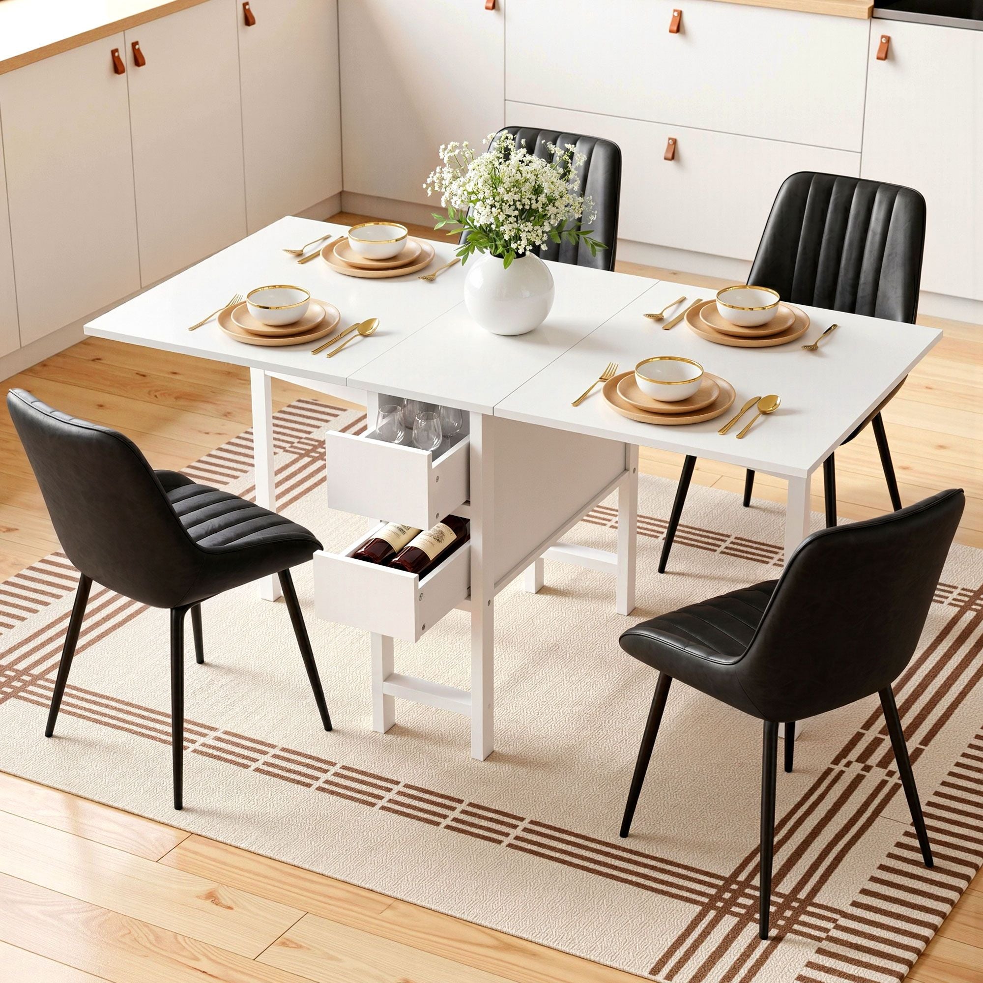 Artiss Dining Table and Chairs Set 5pcs Foldable Kitchen Furniture with 2 Drawers Black and White DSET-CHANGE-DIN-2602-BKX4