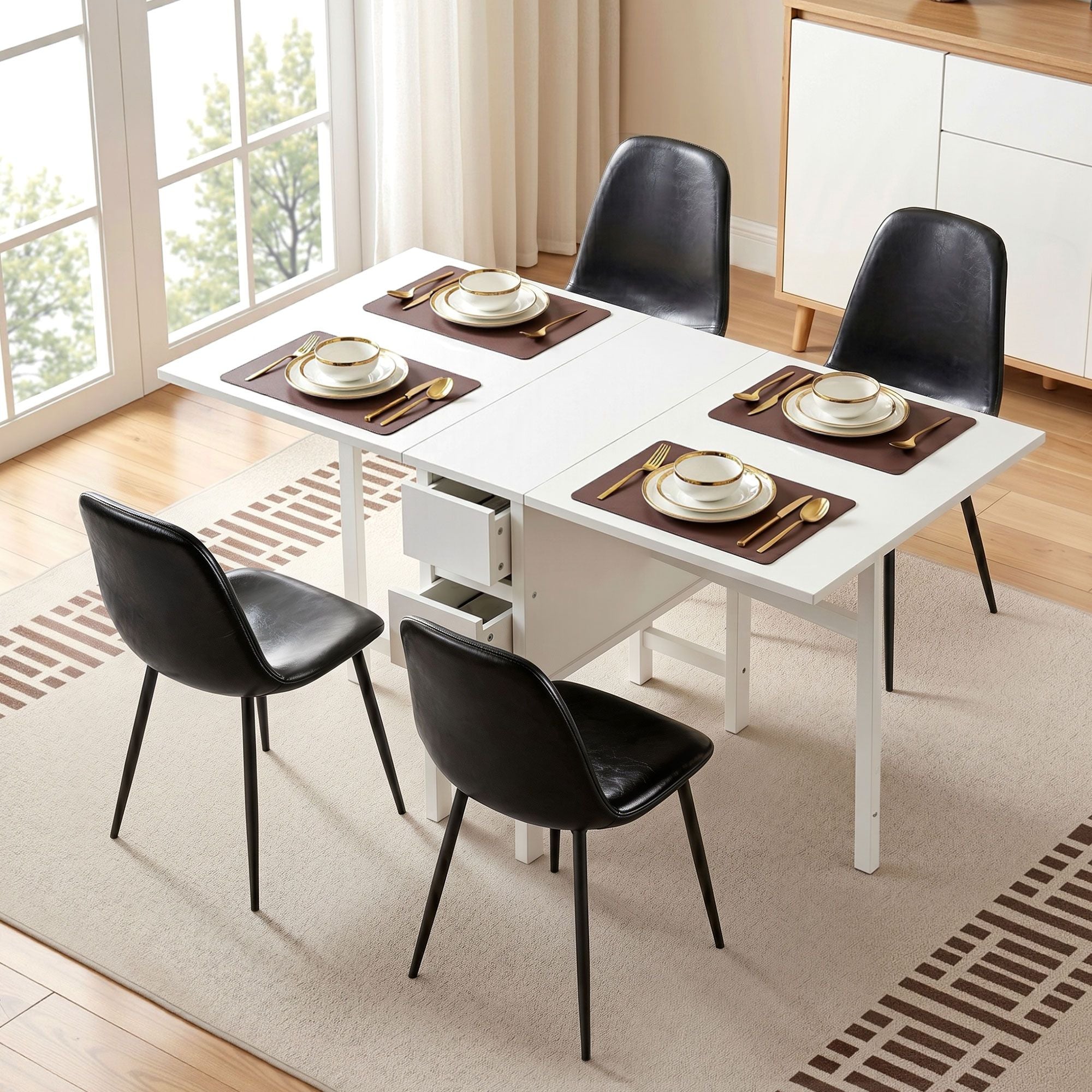 Artiss Dining Table and Chairs Set 5pcs Foldable with 2 Drawers Black and White DSET-CHANGE-DIN-B04-BKX4