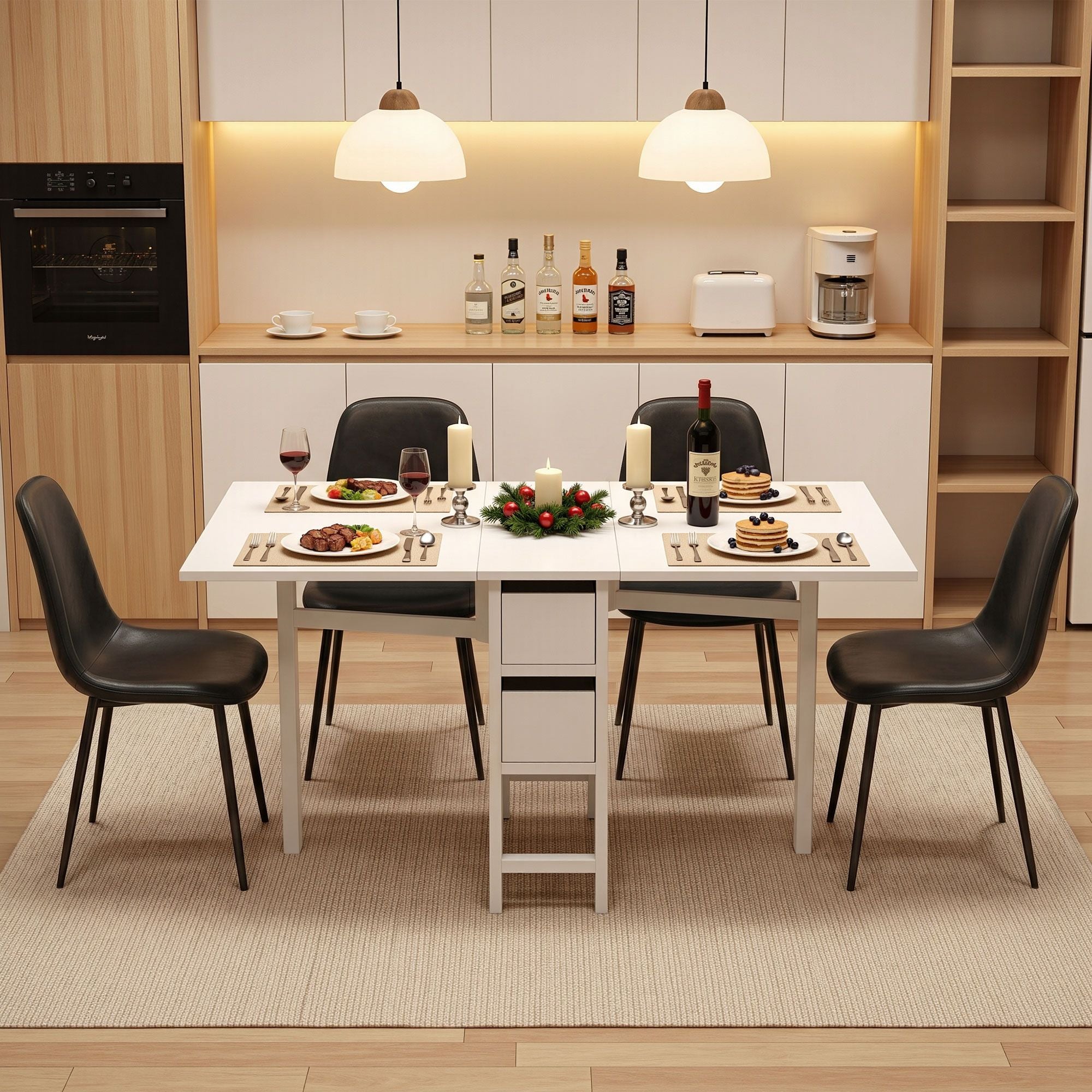 Artiss Dining Table and Chairs Set 5pcs Foldable with 2 Drawers Black and White DSET-CHANGE-DIN-B04-BKX4