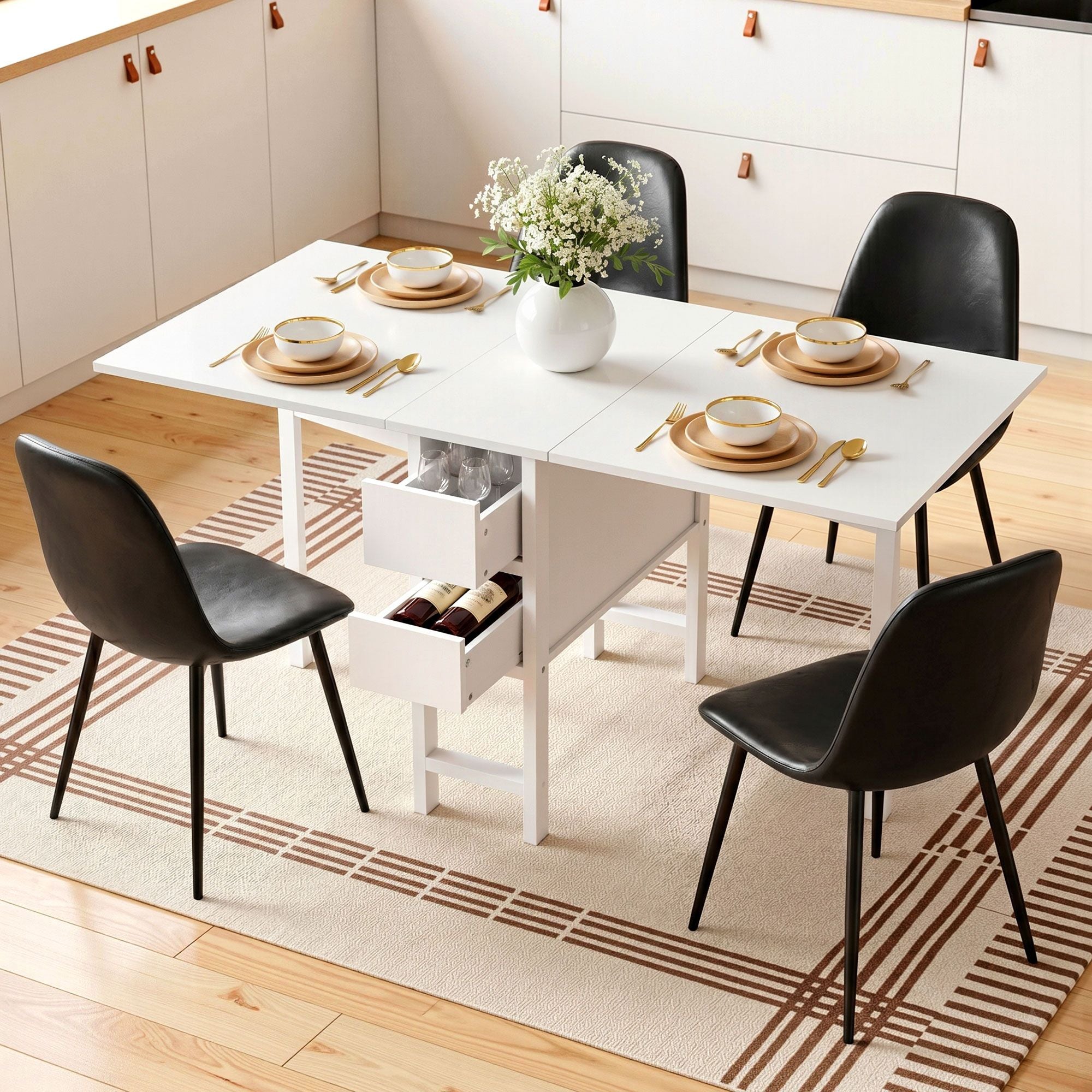 Artiss Dining Table and Chairs Set 5pcs Foldable with 2 Drawers Black and White DSET-CHANGE-DIN-B04-BKX4
