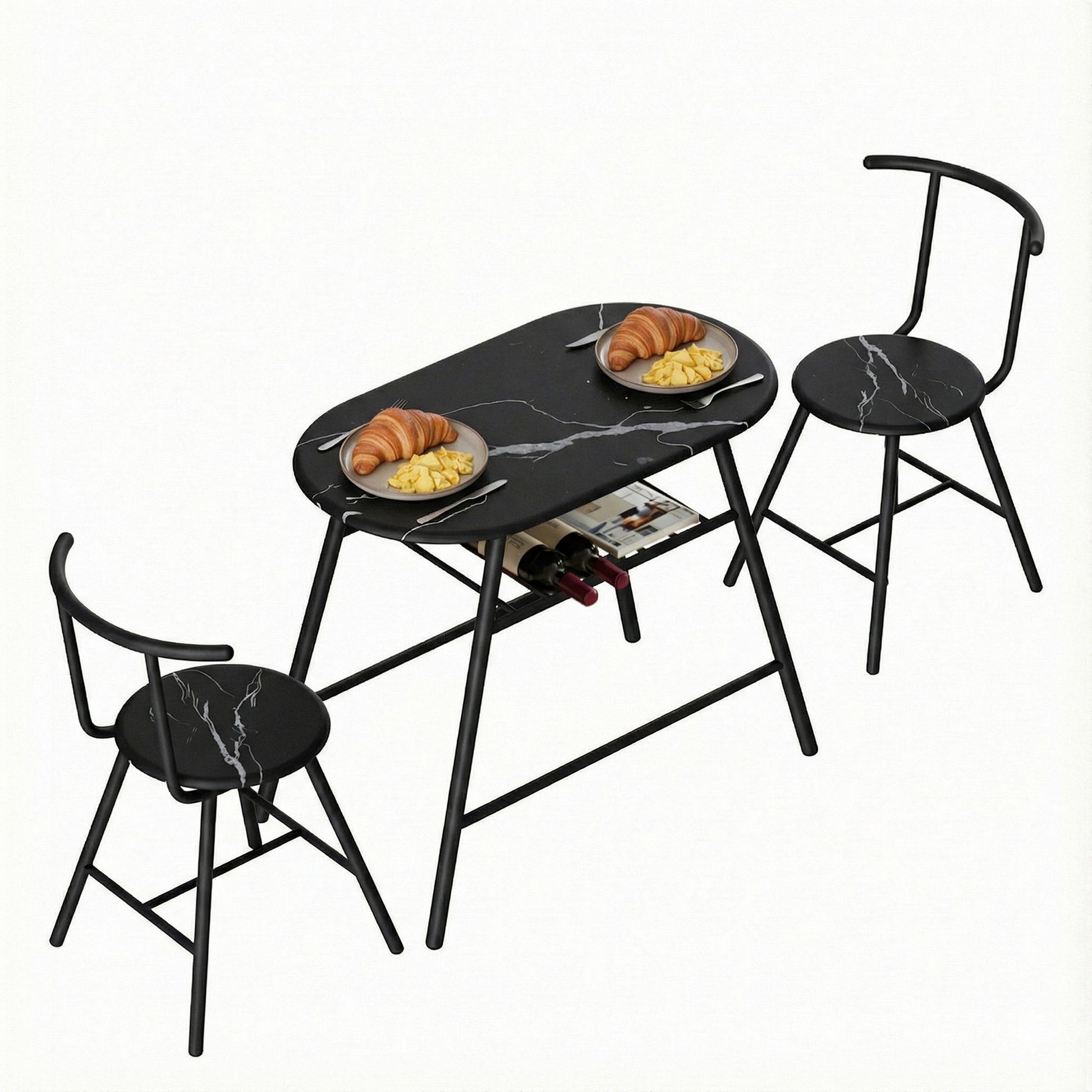 Artiss Dining Table Set 3PC Bistro Kitchen Storage Wine Rack Black Marble Style DSET-D-OVAL-BK