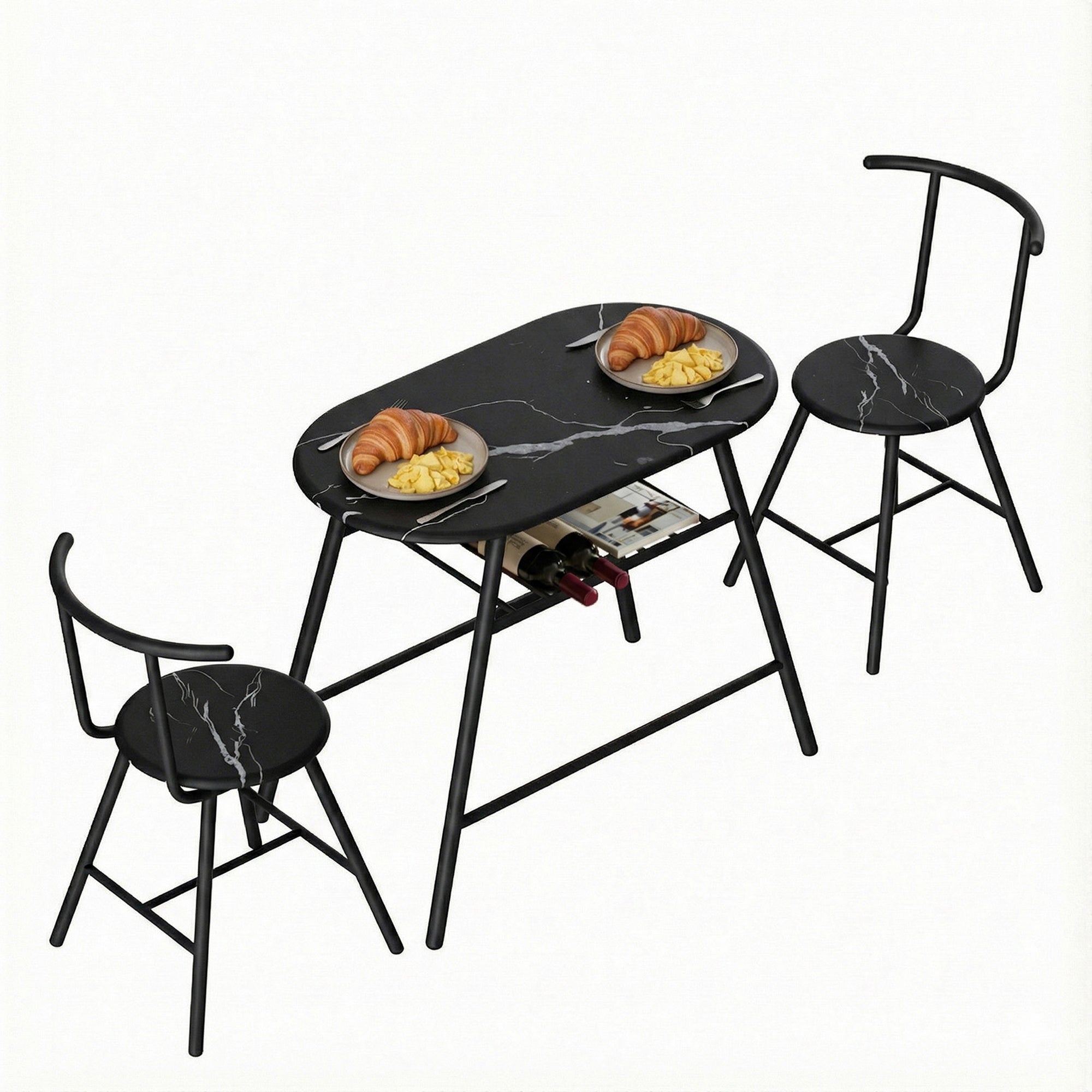 Artiss Dining Table Set 3PC Bistro Kitchen Storage Wine Rack Black Marble Style DSET-D-OVAL-BK