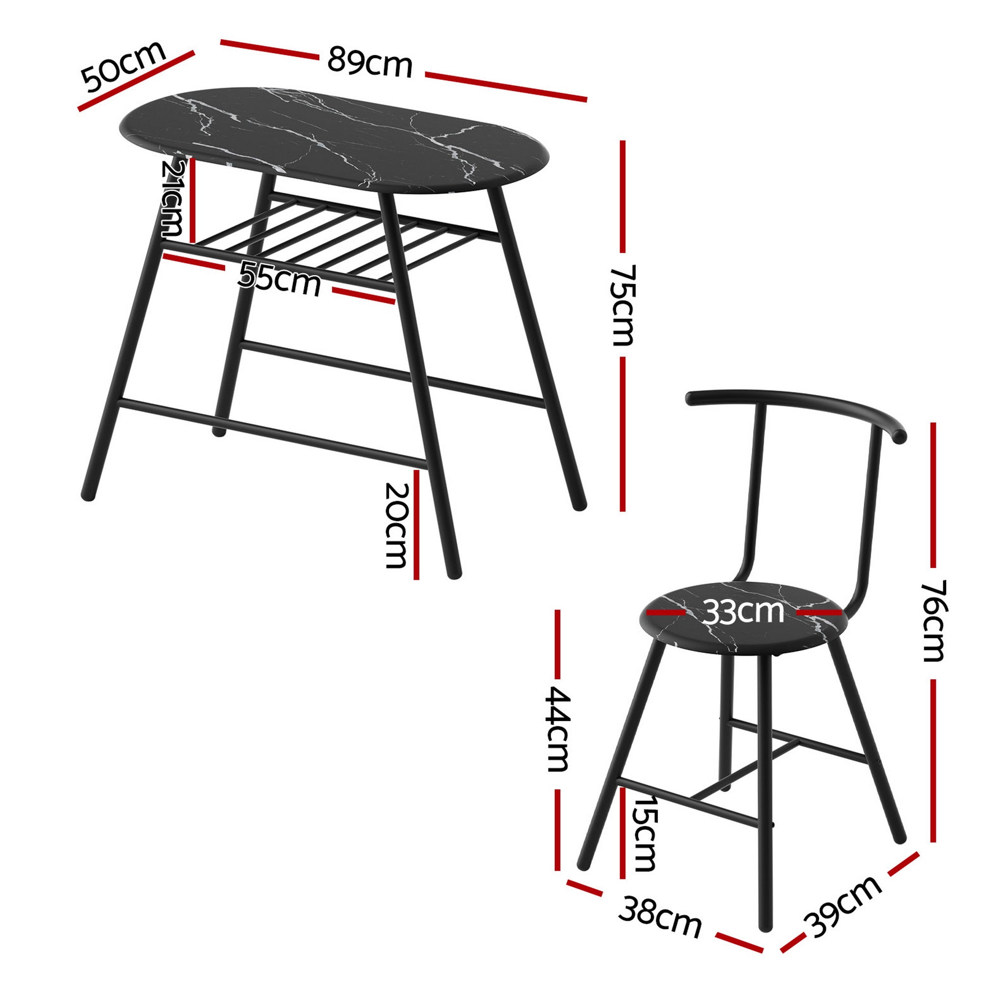 Artiss Dining Table Set 3PC Bistro Kitchen Storage Wine Rack Black Marble Style DSET-D-OVAL-BK