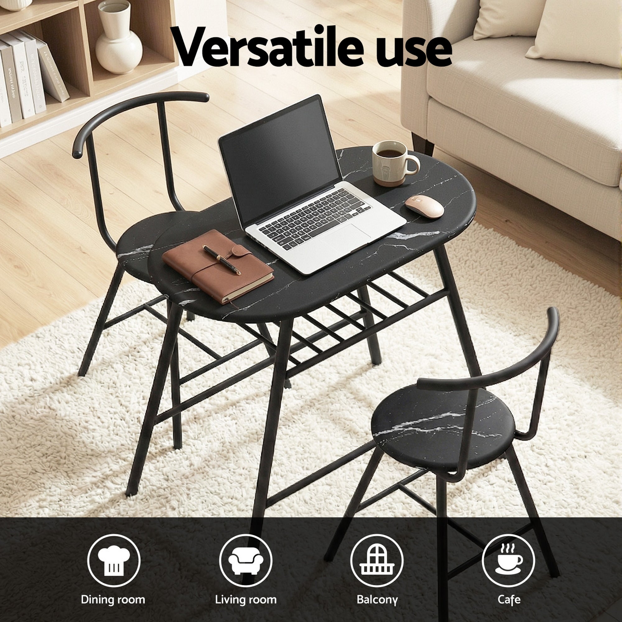Artiss Dining Table Set 3PC Bistro Kitchen Storage Wine Rack Black Marble Style DSET-D-OVAL-BK