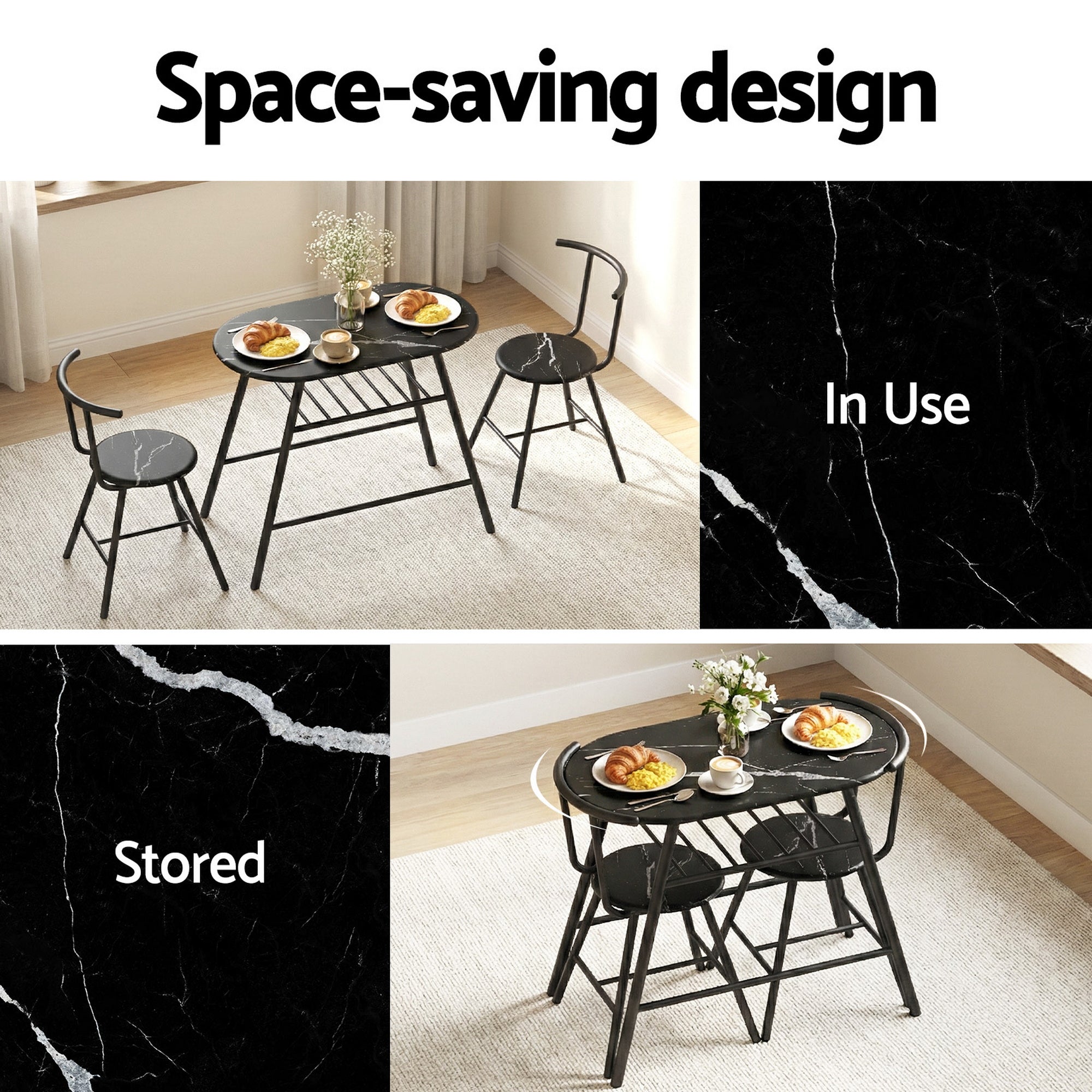 Artiss Dining Table Set 3PC Bistro Kitchen Storage Wine Rack Black Marble Style DSET-D-OVAL-BK