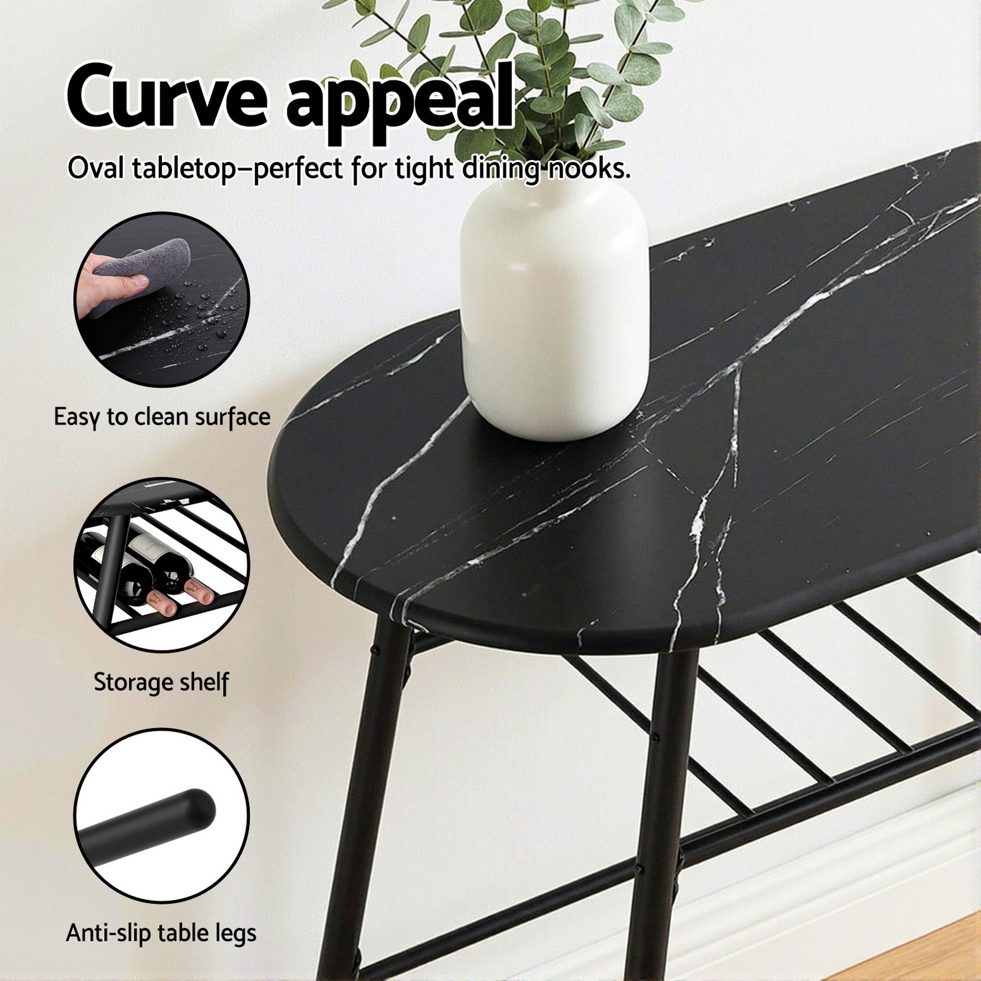 Artiss Dining Table Set 3PC Bistro Kitchen Storage Wine Rack Black Marble Style DSET-D-OVAL-BK