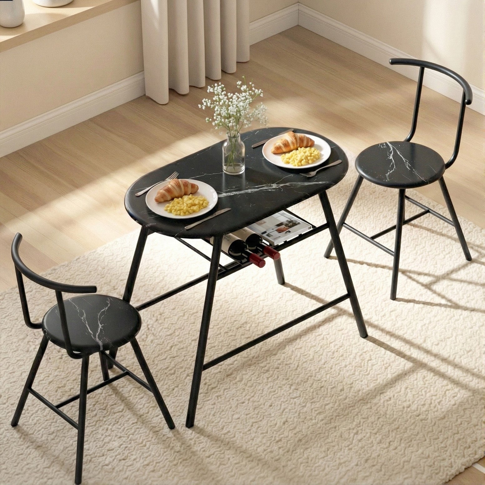 Artiss Dining Table Set 3PC Bistro Kitchen Storage Wine Rack Black Marble Style DSET-D-OVAL-BK