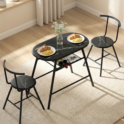 Artiss Dining Table Set 3PC Bistro Kitchen Storage Wine Rack Black Marble Style DSET-D-OVAL-BK