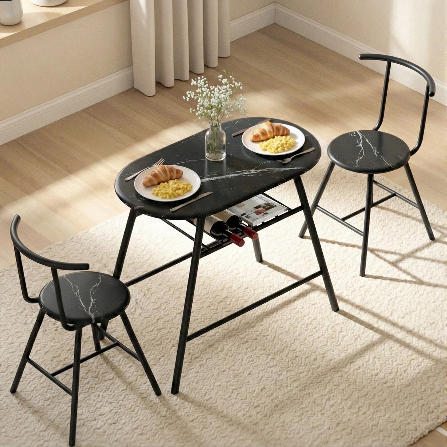 Artiss Dining Table Set 3PC Bistro Kitchen Storage Wine Rack Black Marble Style DSET-D-OVAL-BK