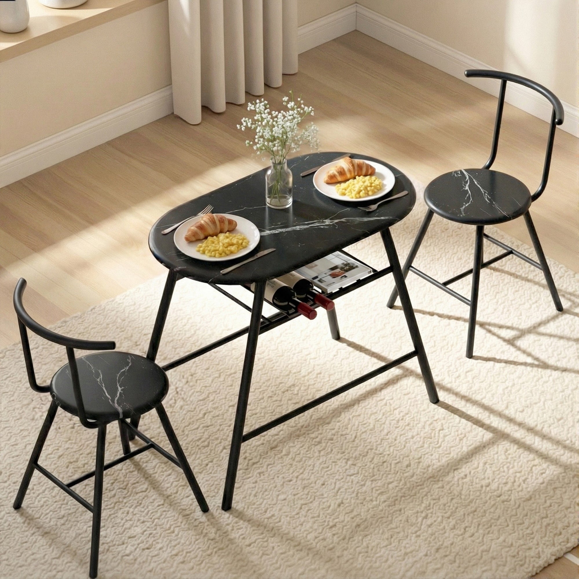 Artiss Dining Table Set 3PC Bistro Kitchen Storage Wine Rack Black Marble Style DSET-D-OVAL-BK