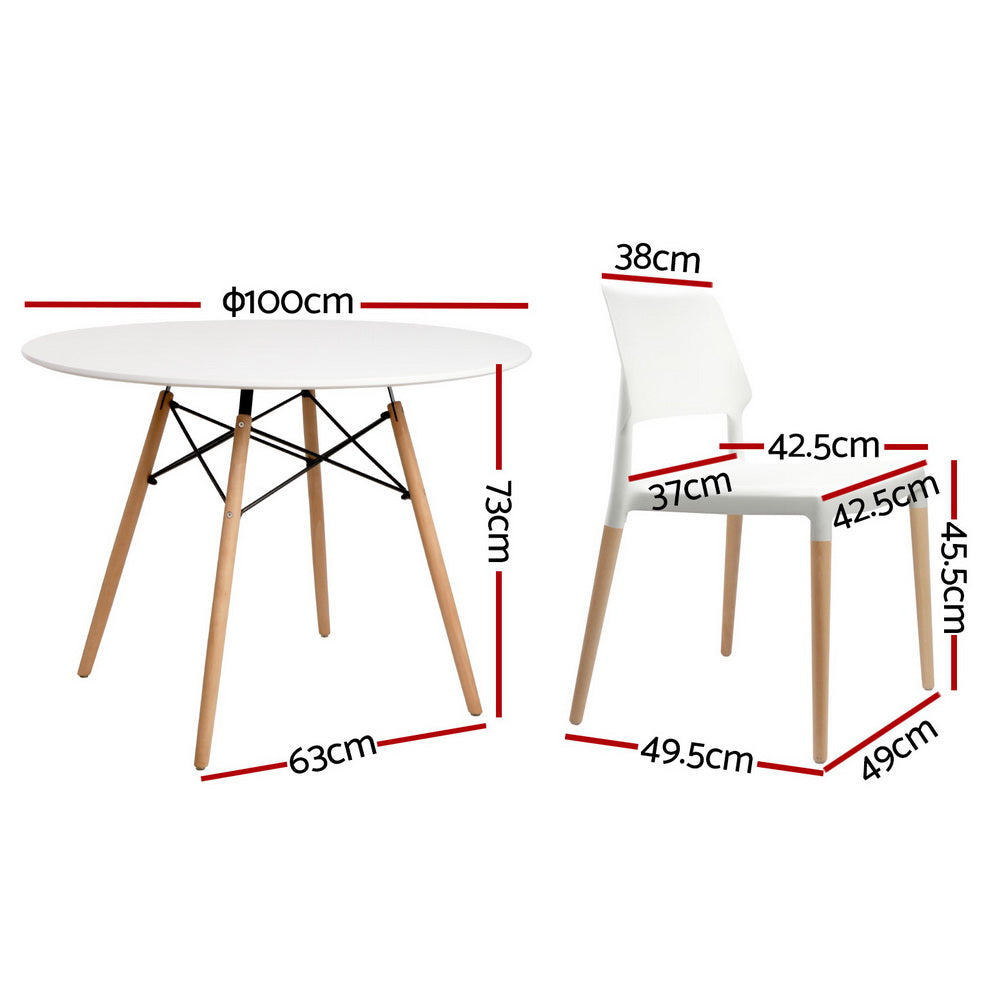 1 Artiss Dining Table and 4 Chairs Set Round White DSET-DSW100-086-WHX4