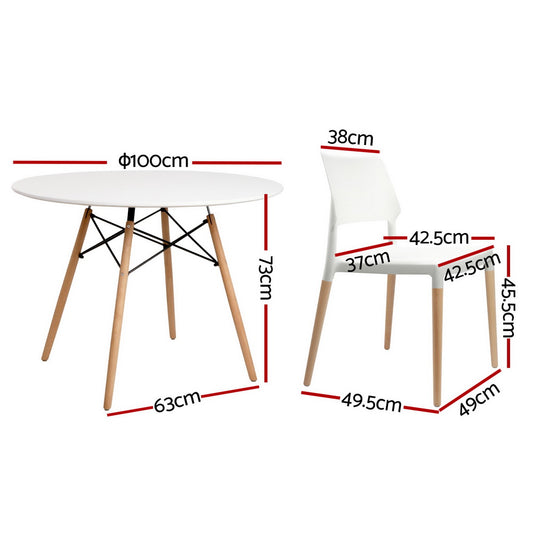 1 Artiss Dining Table and 4 Chairs Set Round White DSET-DSW100-086-WHX4