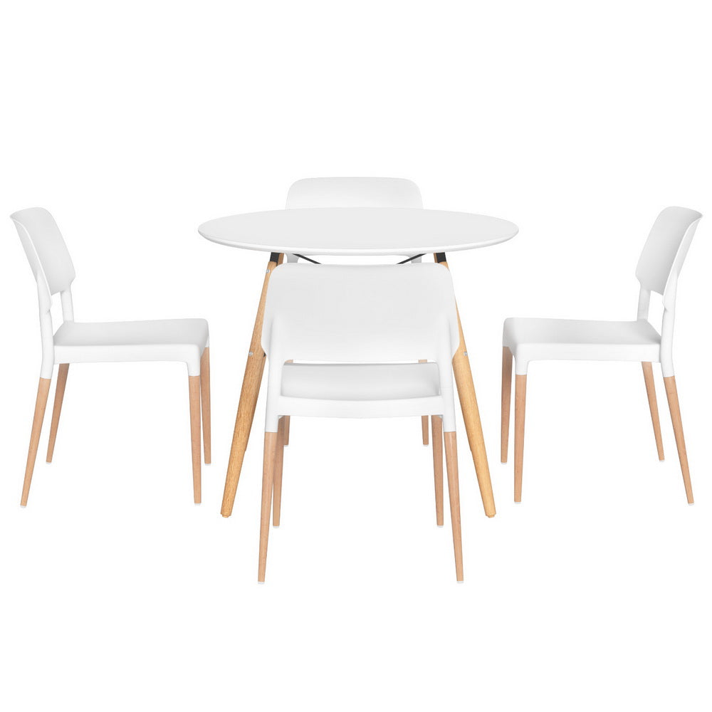1 Artiss Dining Table and 4 Chairs Set Round White DSET-DSW100-086-WHX4