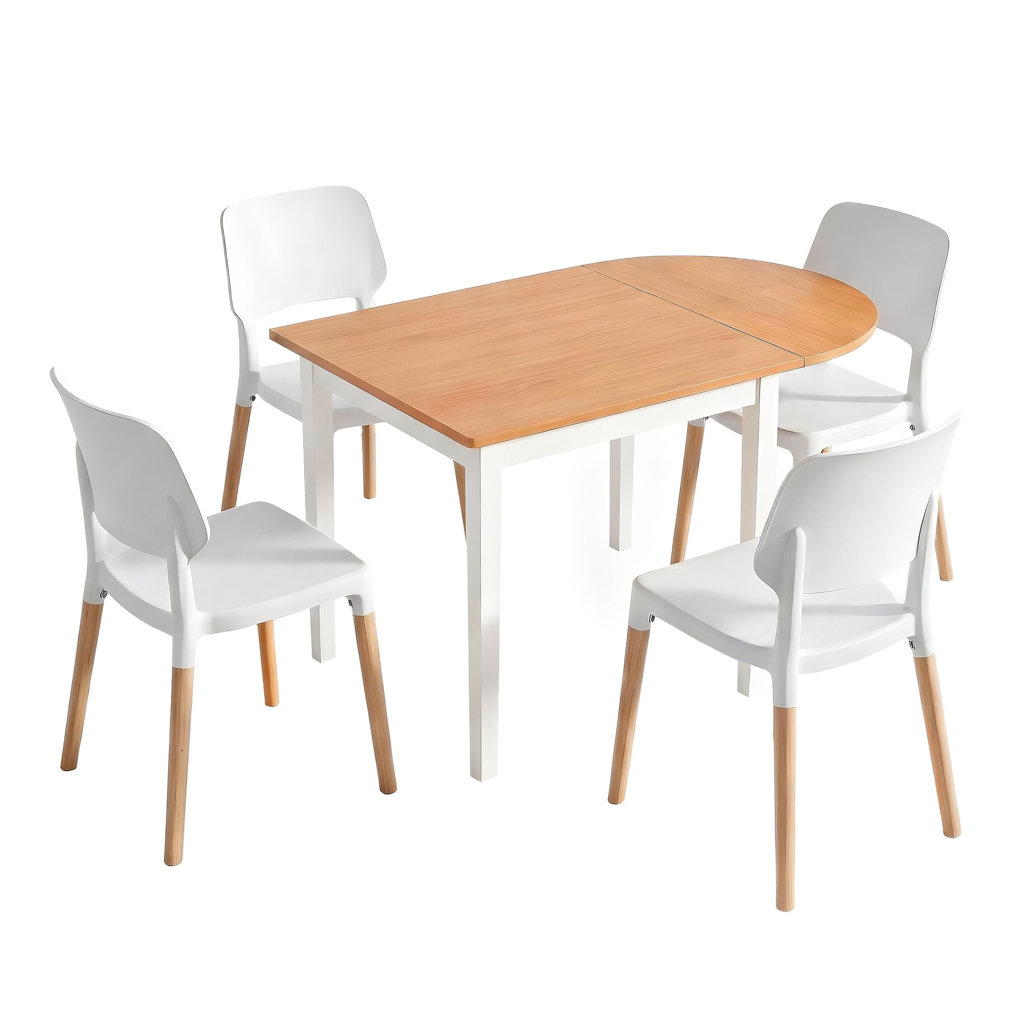 Artiss Dining Table and Chairs Set 5PCS, 75-110cm Drop-Leaf Table, with 4 Dining Chairs White Wooden, 4 DSET-DTAB-086-WHX4