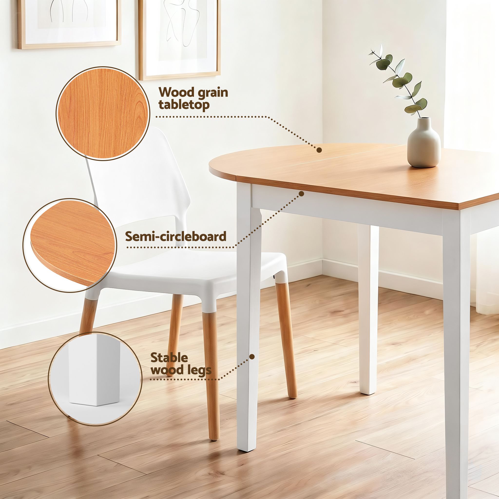 Artiss Dining Table and Chairs Set 5PCS, 75-110cm Drop-Leaf Table, with 4 Dining Chairs White Wooden, 4 DSET-DTAB-086-WHX4