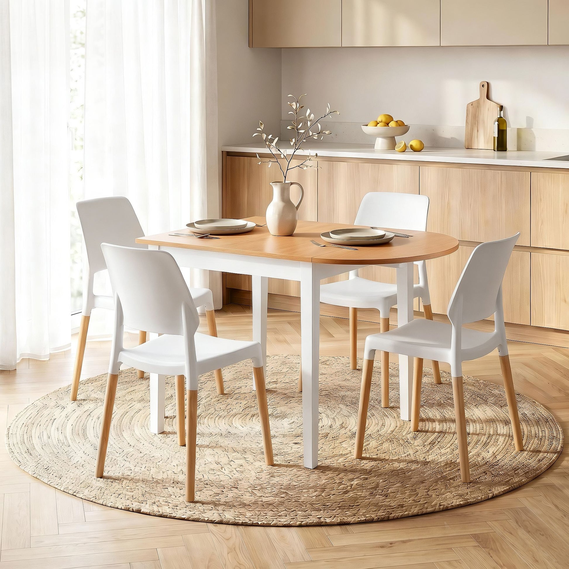 Artiss Dining Table and Chairs Set 5PCS, 75-110cm Drop-Leaf Table, with 4 Dining Chairs White Wooden, 4 DSET-DTAB-086-WHX4
