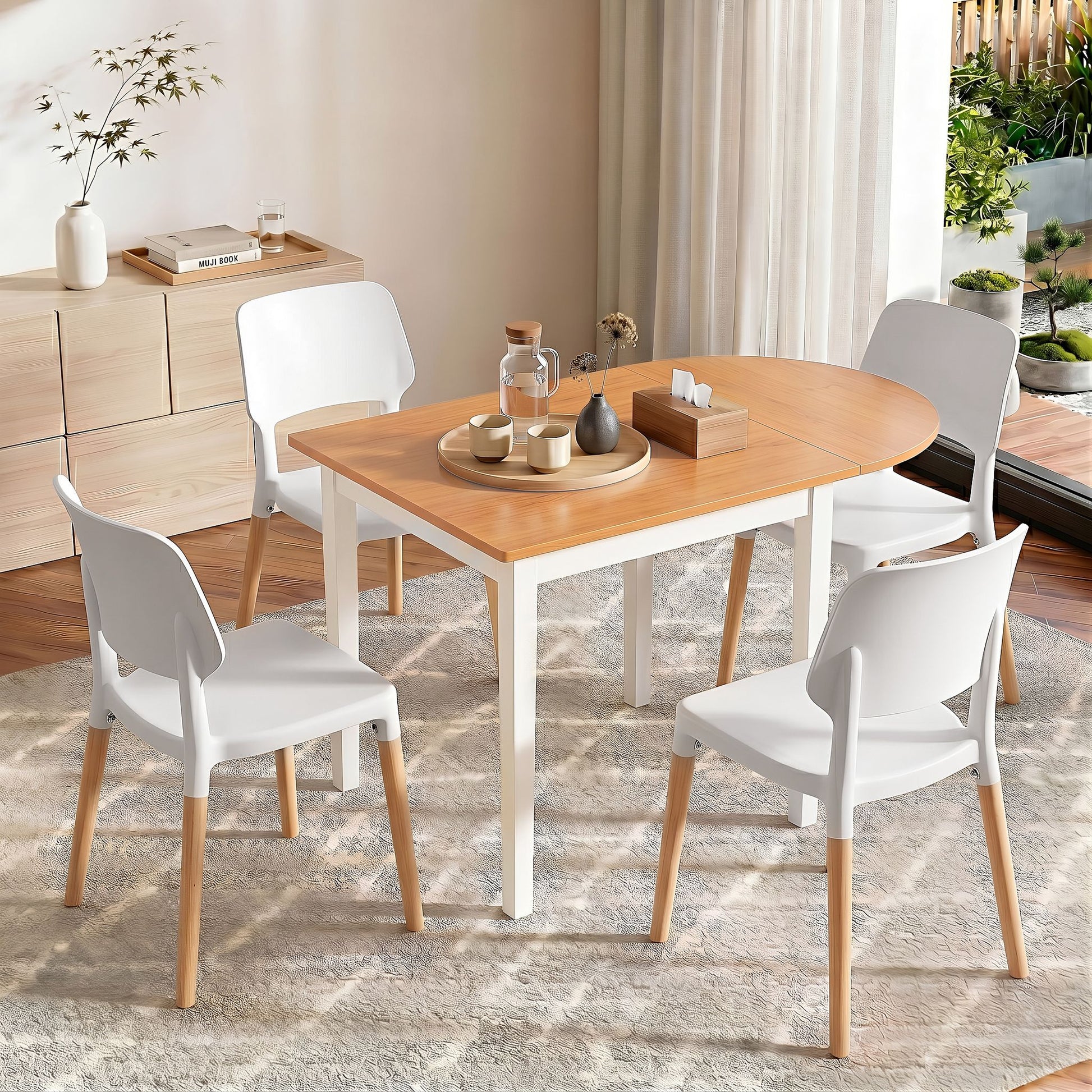 Artiss Dining Table and Chairs Set 5PCS, 75-110cm Drop-Leaf Table, with 4 Dining Chairs White Wooden, 4 DSET-DTAB-086-WHX4