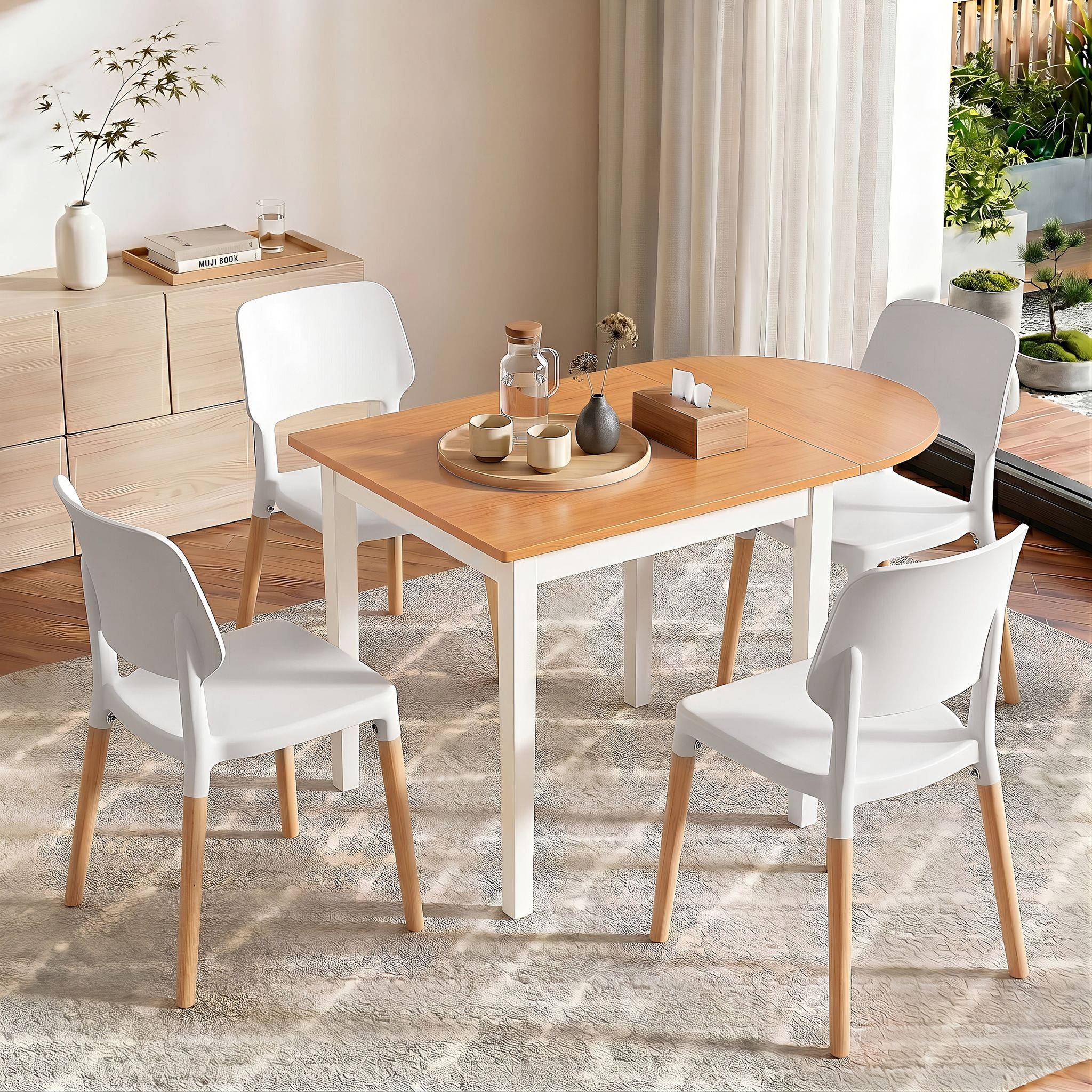 Artiss Dining Table and Chairs Set 5PCS, 75-110cm Drop-Leaf Table, with 4 Dining Chairs White Wooden, 4 DSET-DTAB-086-WHX4