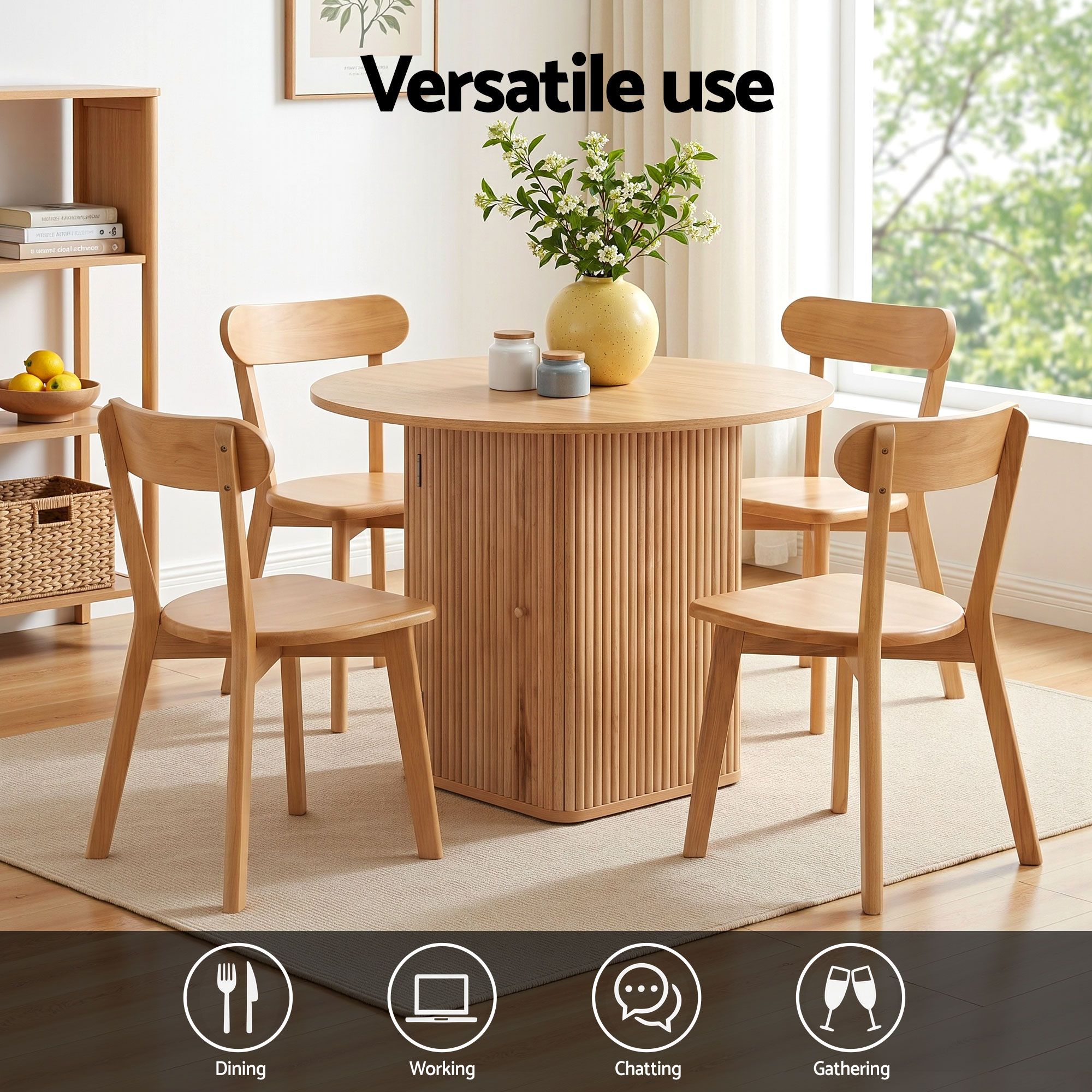 1 Artiss Dining Table and 4 Chairs Set Natural Timber DSET-DTAB-RD-RUB-WDX4