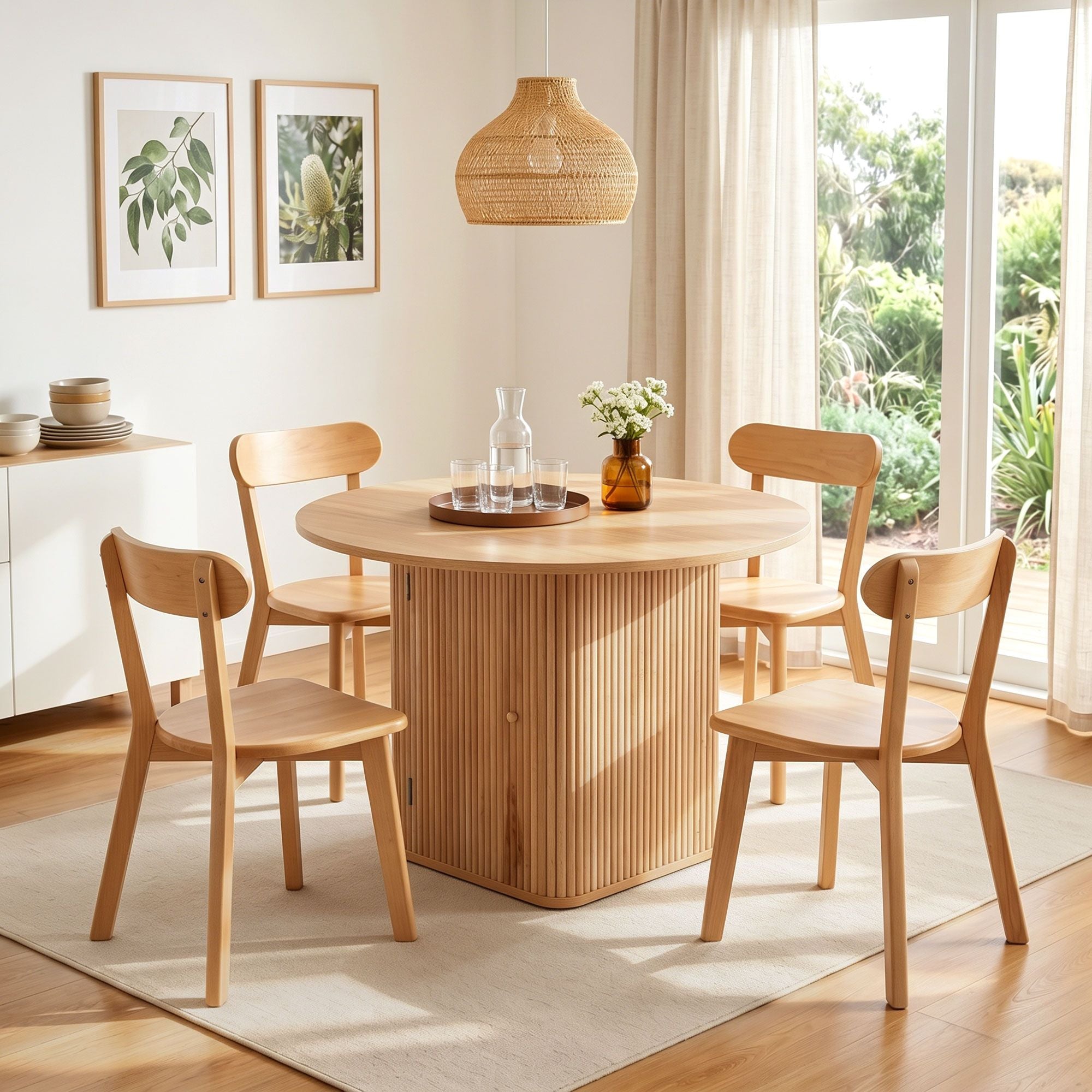1 Artiss Dining Table and 4 Chairs Set Natural Timber DSET-DTAB-RD-RUB-WDX4