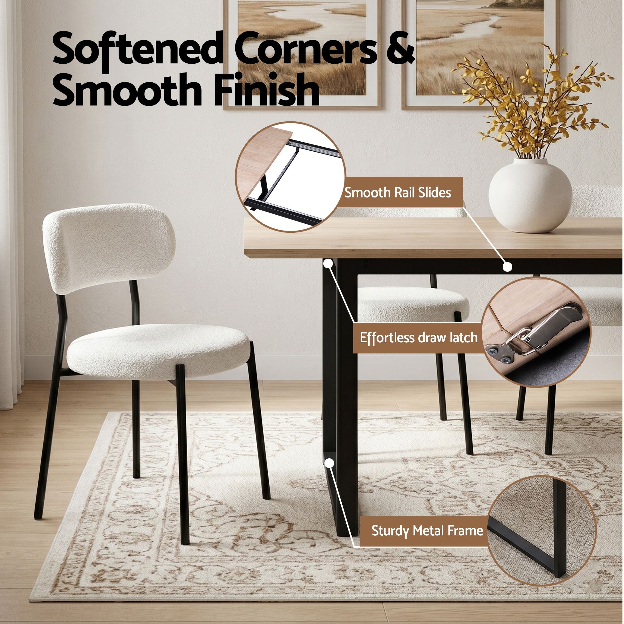 Artiss 200cm Extendable Dining Table Set with 4x Dining Chairs Sherpa White DSET-EXT05-W01-WHX4