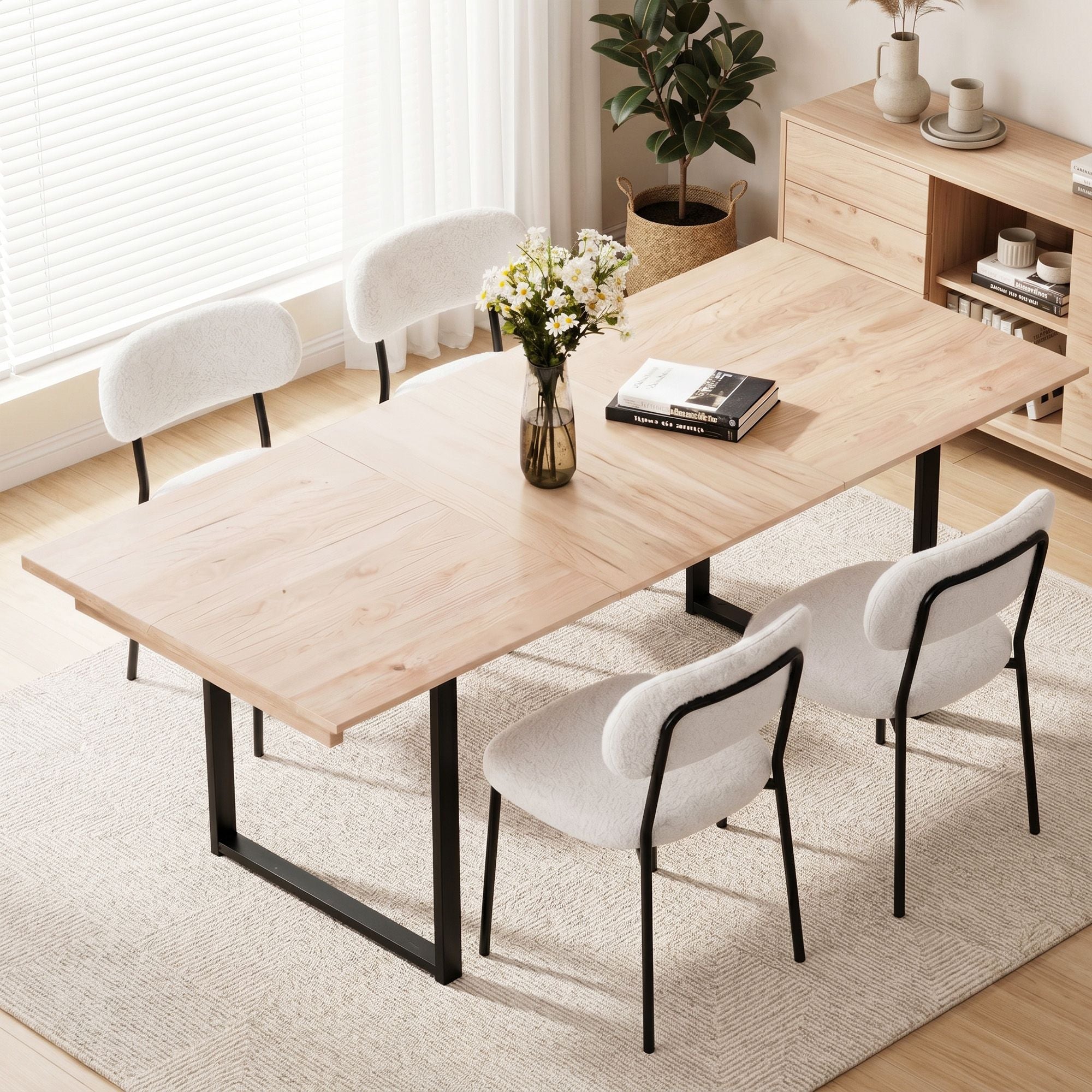Artiss 200cm Extendable Dining Table Set with 4x Dining Chairs Sherpa White DSET-EXT05-W01-WHX4