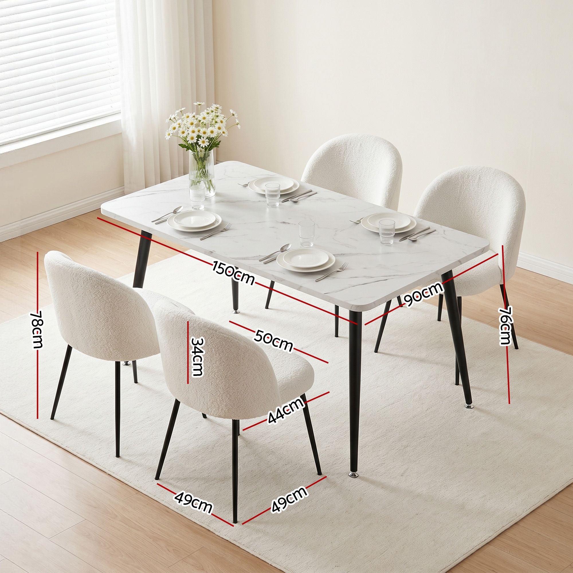 1 Artiss Dining Table and 4 Chairs Set White Marble Style DSET-MAR150-KJC150-WHX4