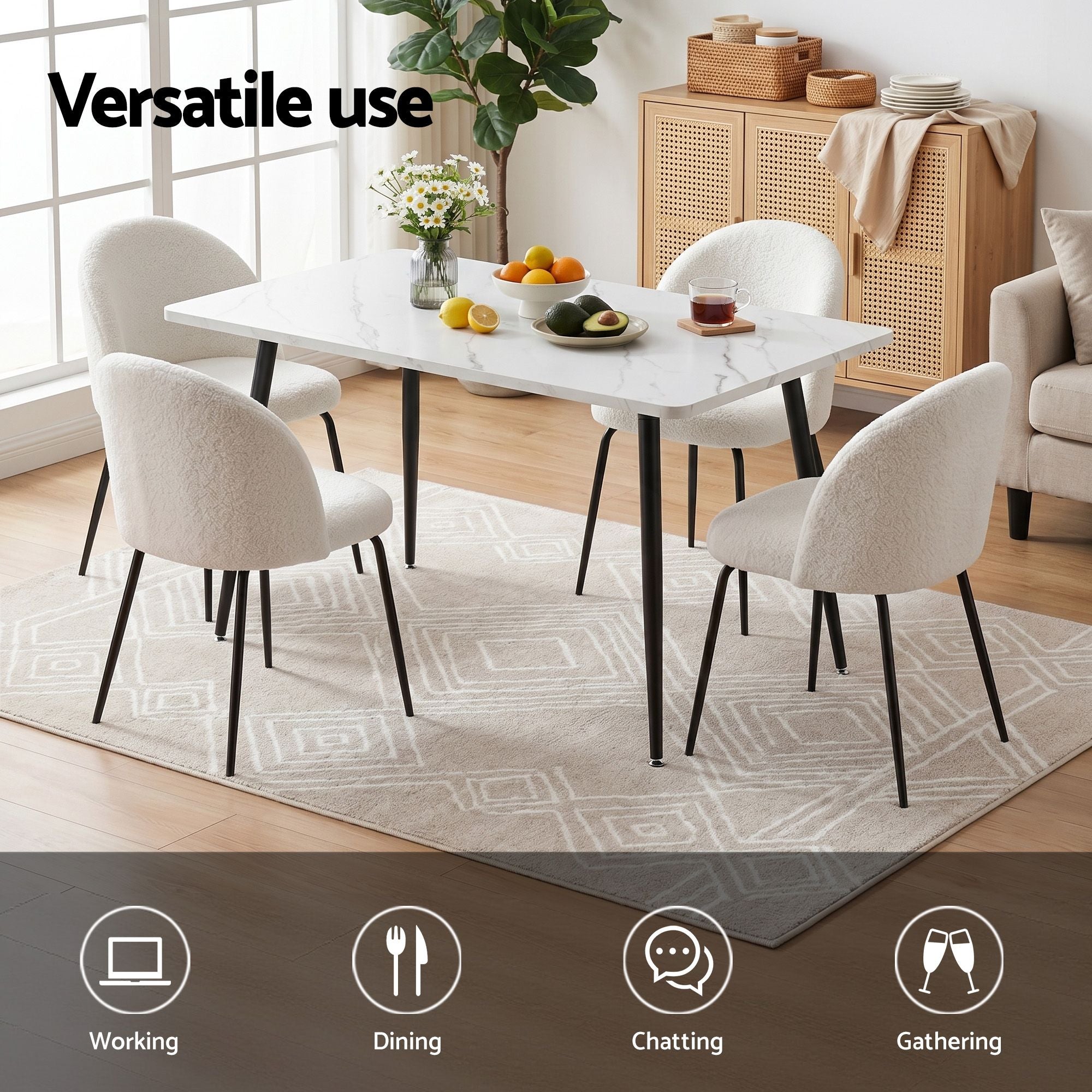 1 Artiss Dining Table and 4 Chairs Set White Marble Style DSET-MAR150-KJC150-WHX4