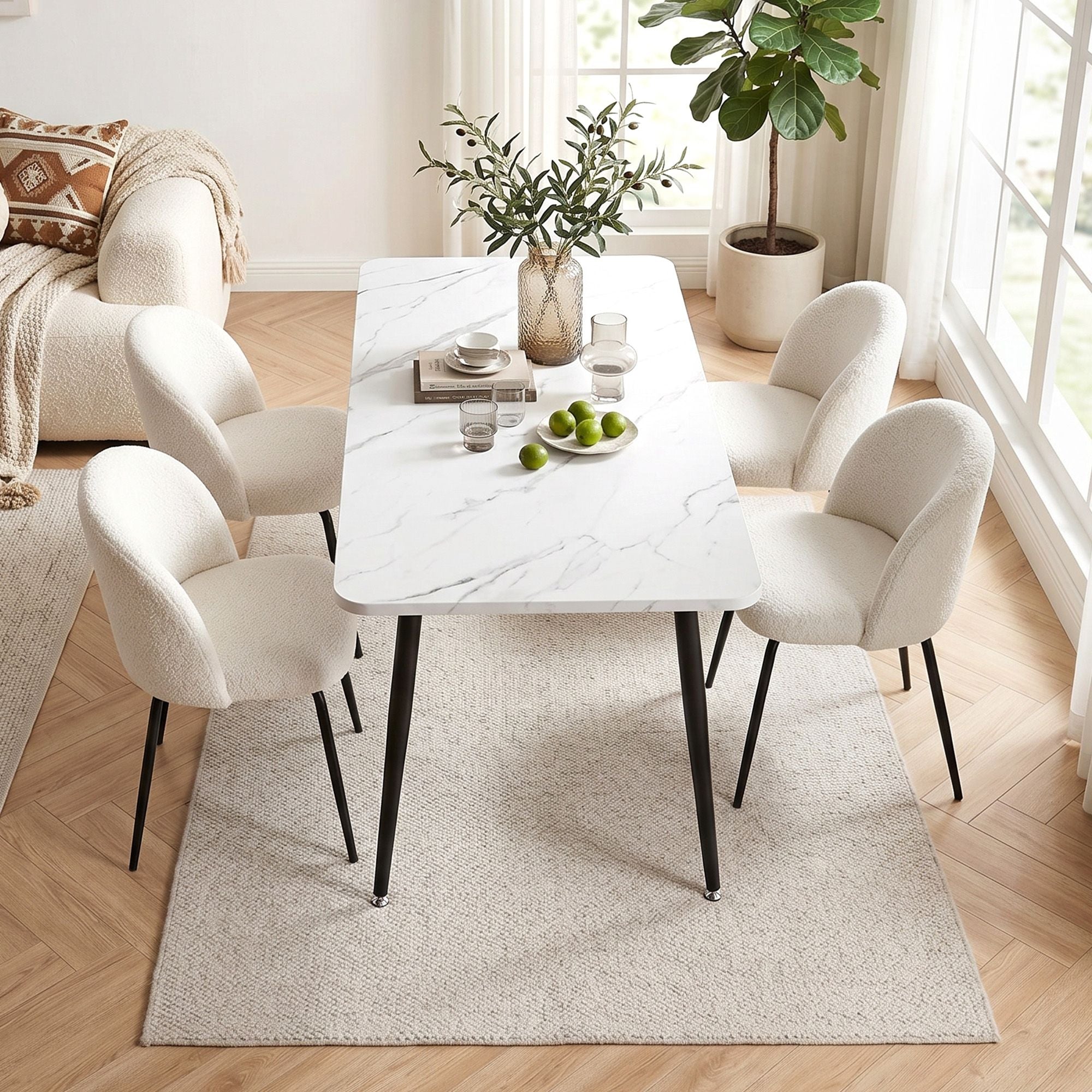 1 Artiss Dining Table and 4 Chairs Set White Marble Style DSET-MAR150-KJC150-WHX4