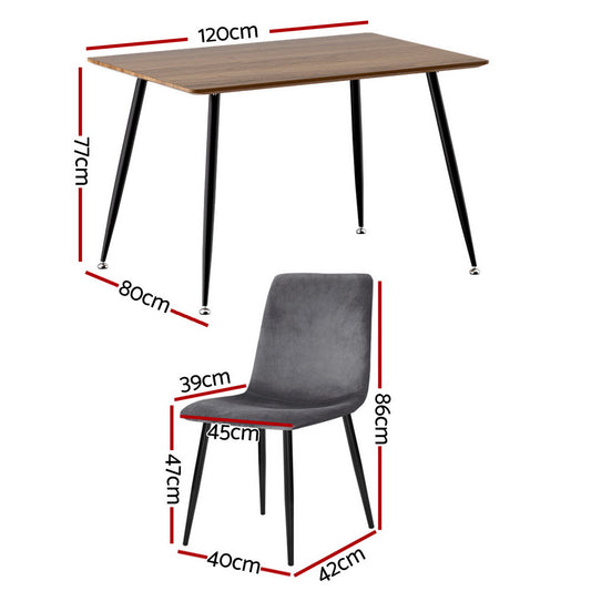 1 Artiss Dining Table and 4 Chairs Set Grey Velvet DSET-T02WD-VEL03-GYX4