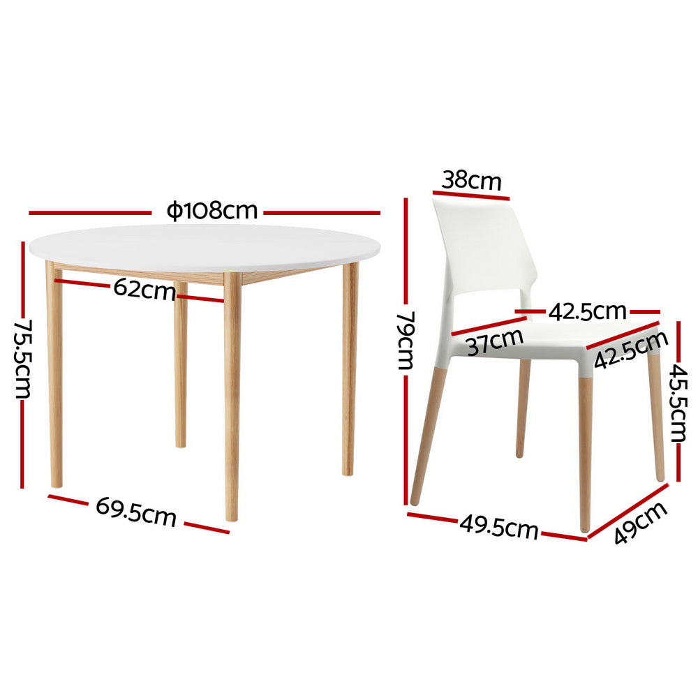 1 Artiss Dining Table and 4 Chairs Set White Wood DSET-TAB01-086-WHX4