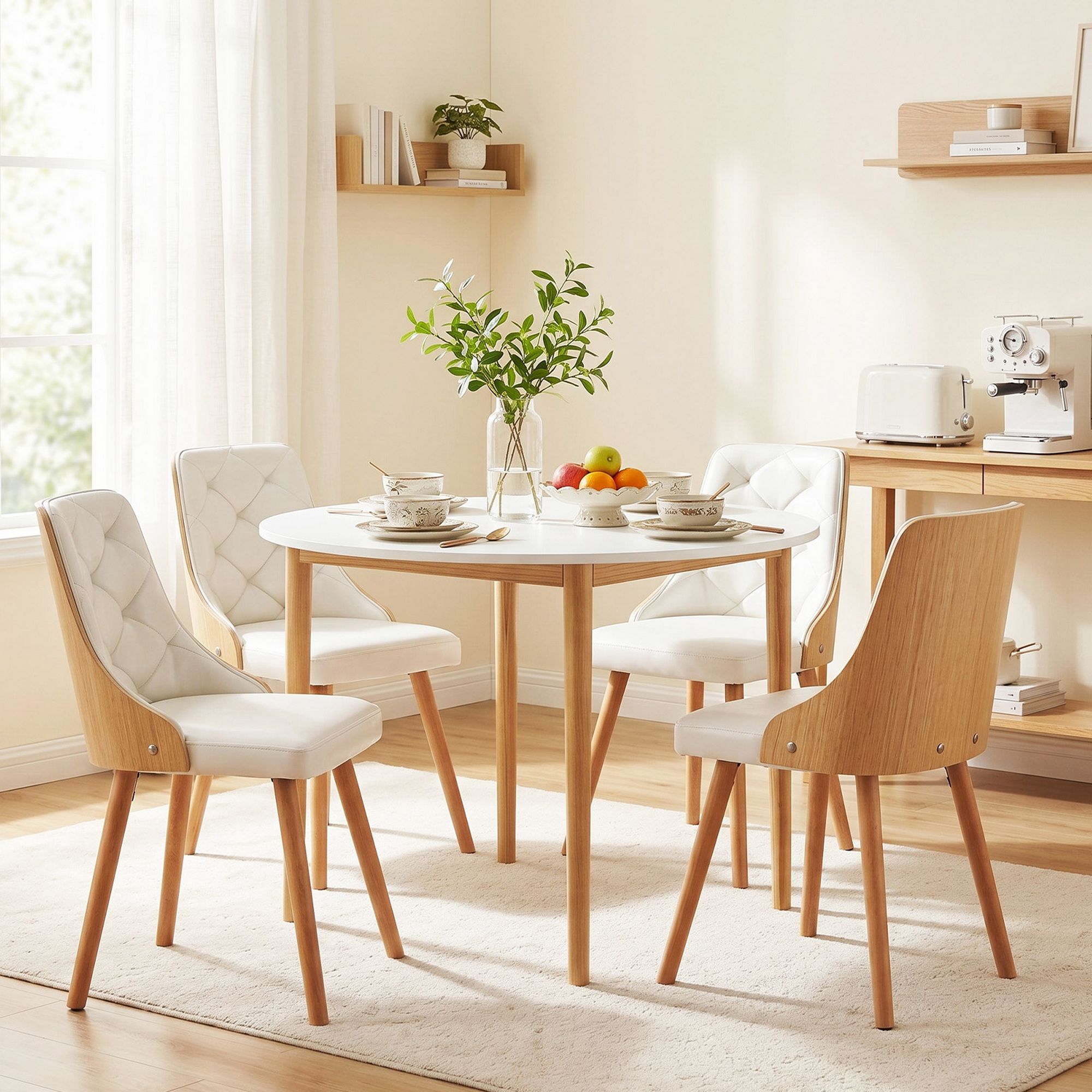 Artiss Dining Table and Chairs Set 5PCS Round 4 PU Leather Seater Dining Set White DSET-TAB01-2004PU-WHX4