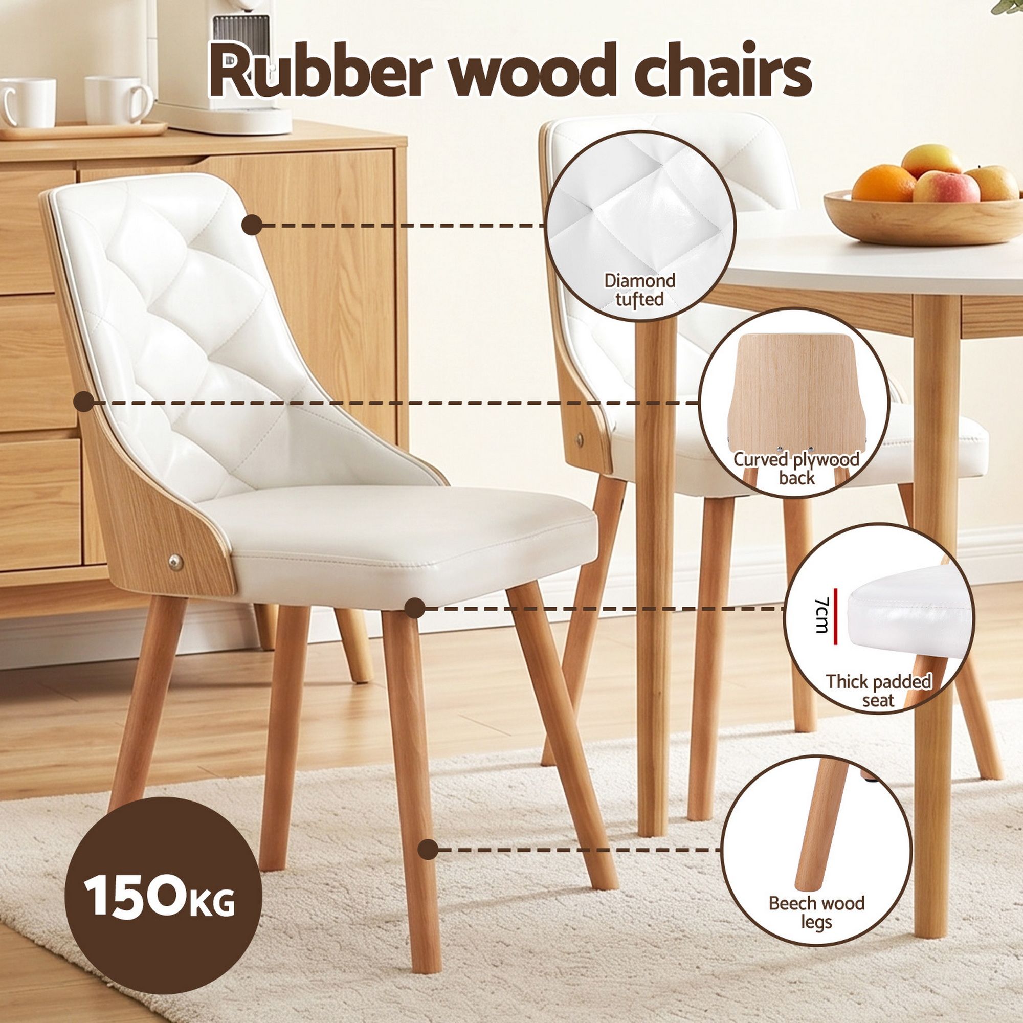 Artiss Dining Table and Chairs Set 5PCS Round 4 PU Leather Seater Dining Set White DSET-TAB01-2004PU-WHX4