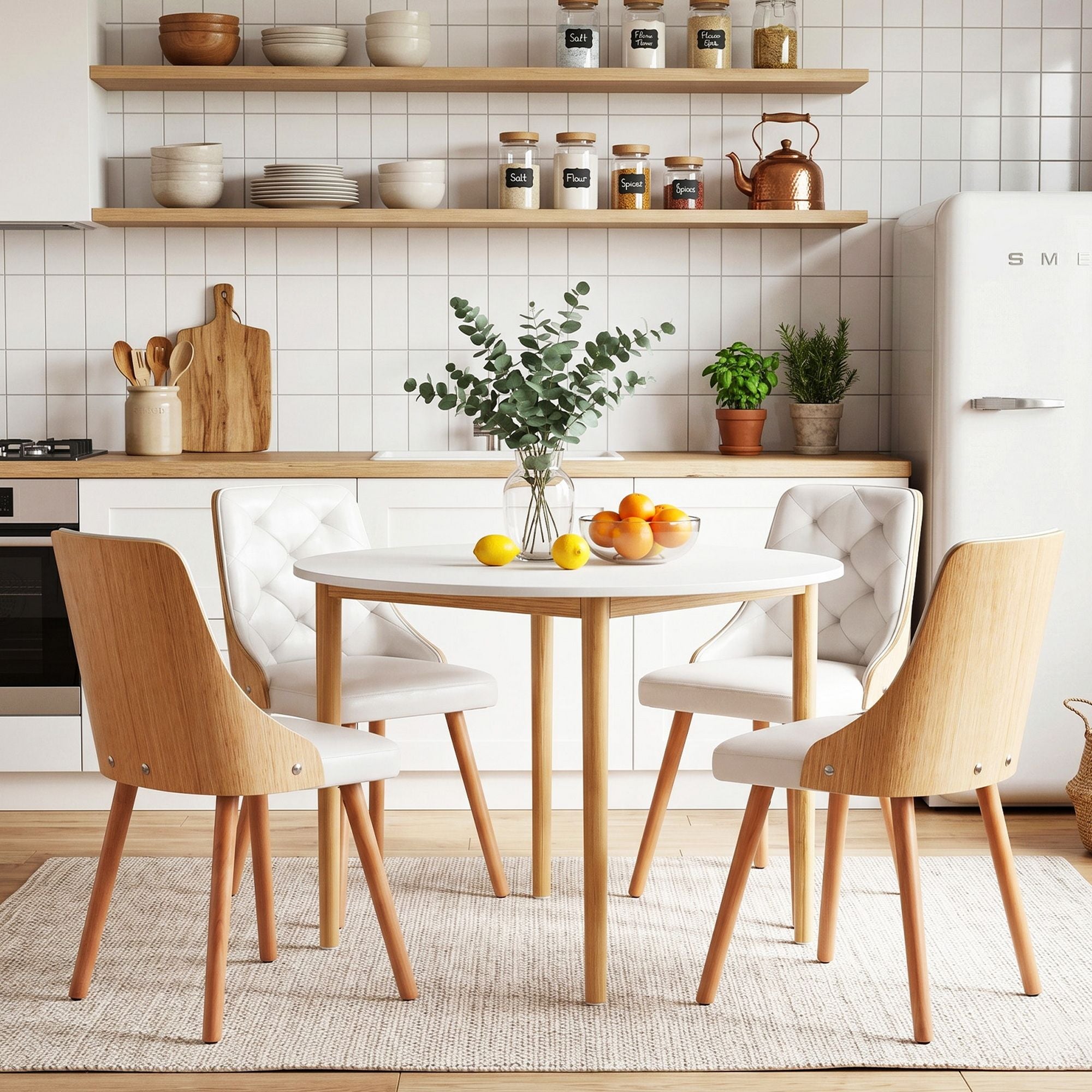 Artiss Dining Table and Chairs Set 5PCS Round 4 PU Leather Seater Dining Set White DSET-TAB01-2004PU-WHX4