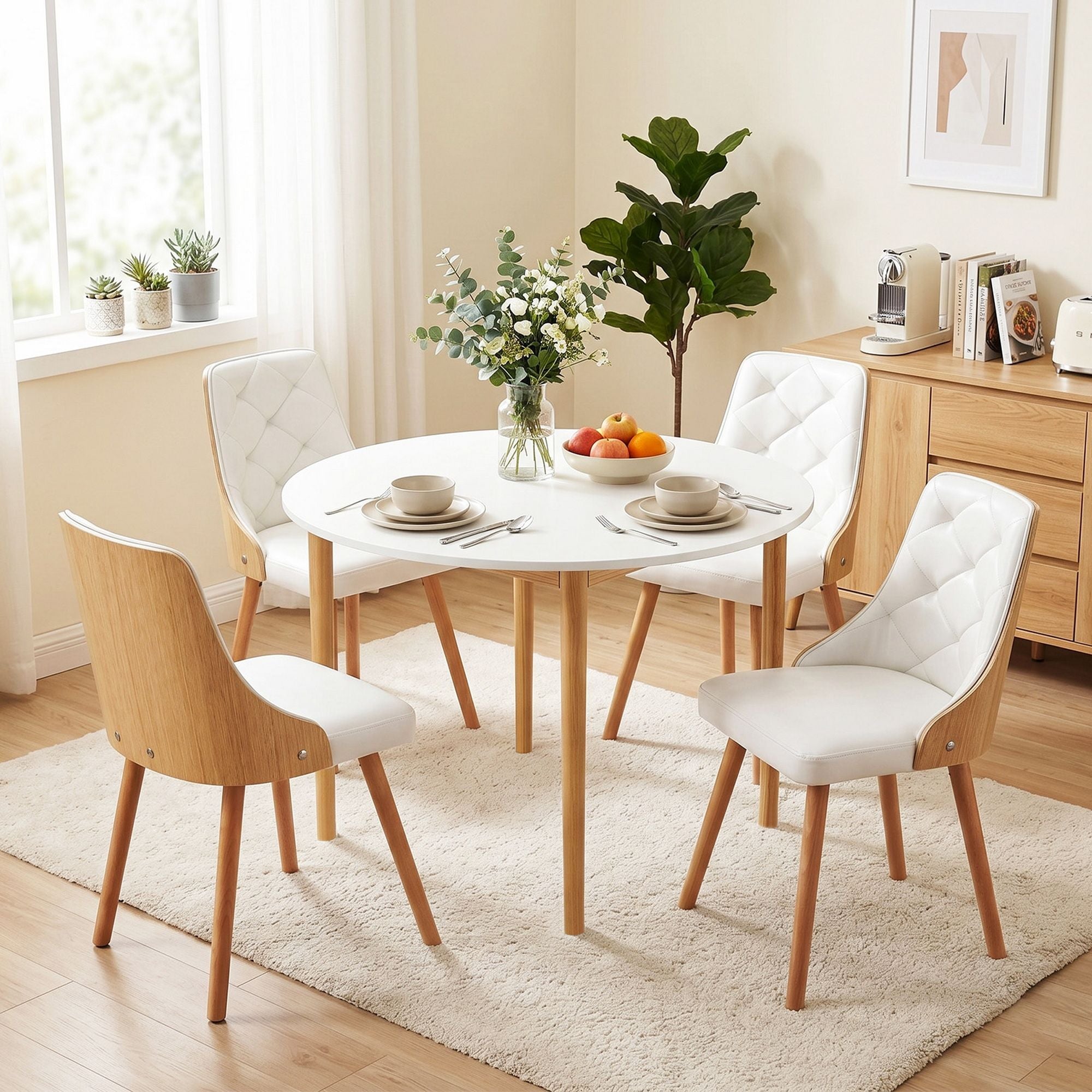 Artiss Dining Table and Chairs Set 5PCS Round 4 PU Leather Seater Dining Set White DSET-TAB01-2004PU-WHX4